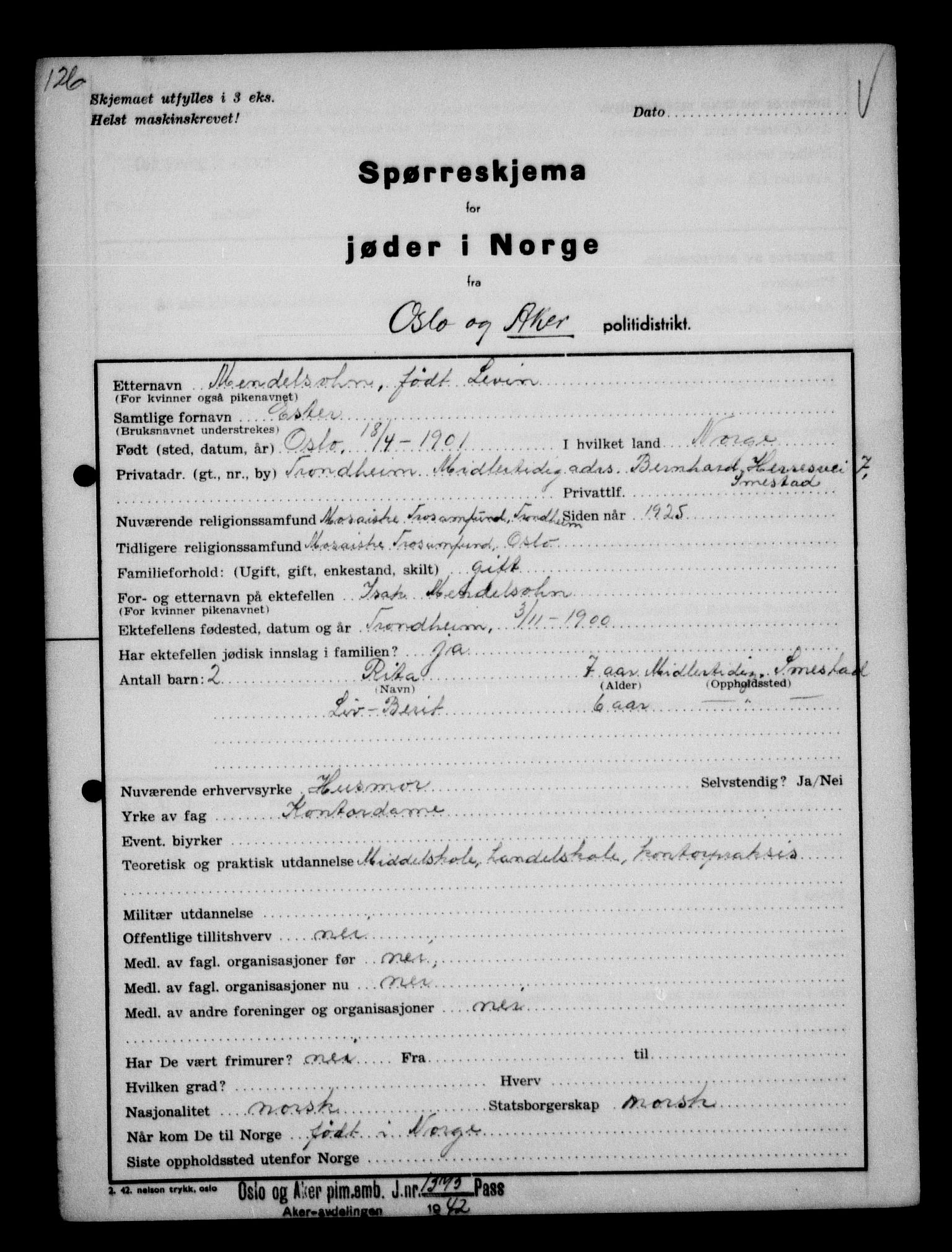 Statspolitiet - Hovedkontoret / Osloavdelingen, AV/RA-S-1329/G/Ga/L0012: Spørreskjema for jøder i Norge. 1: Aker 114- 207 (Levinson-Wozak) og 656 (Salomon). 2: Arendal-Hordaland. 3: Horten-Romerike.  , 1942, p. 39