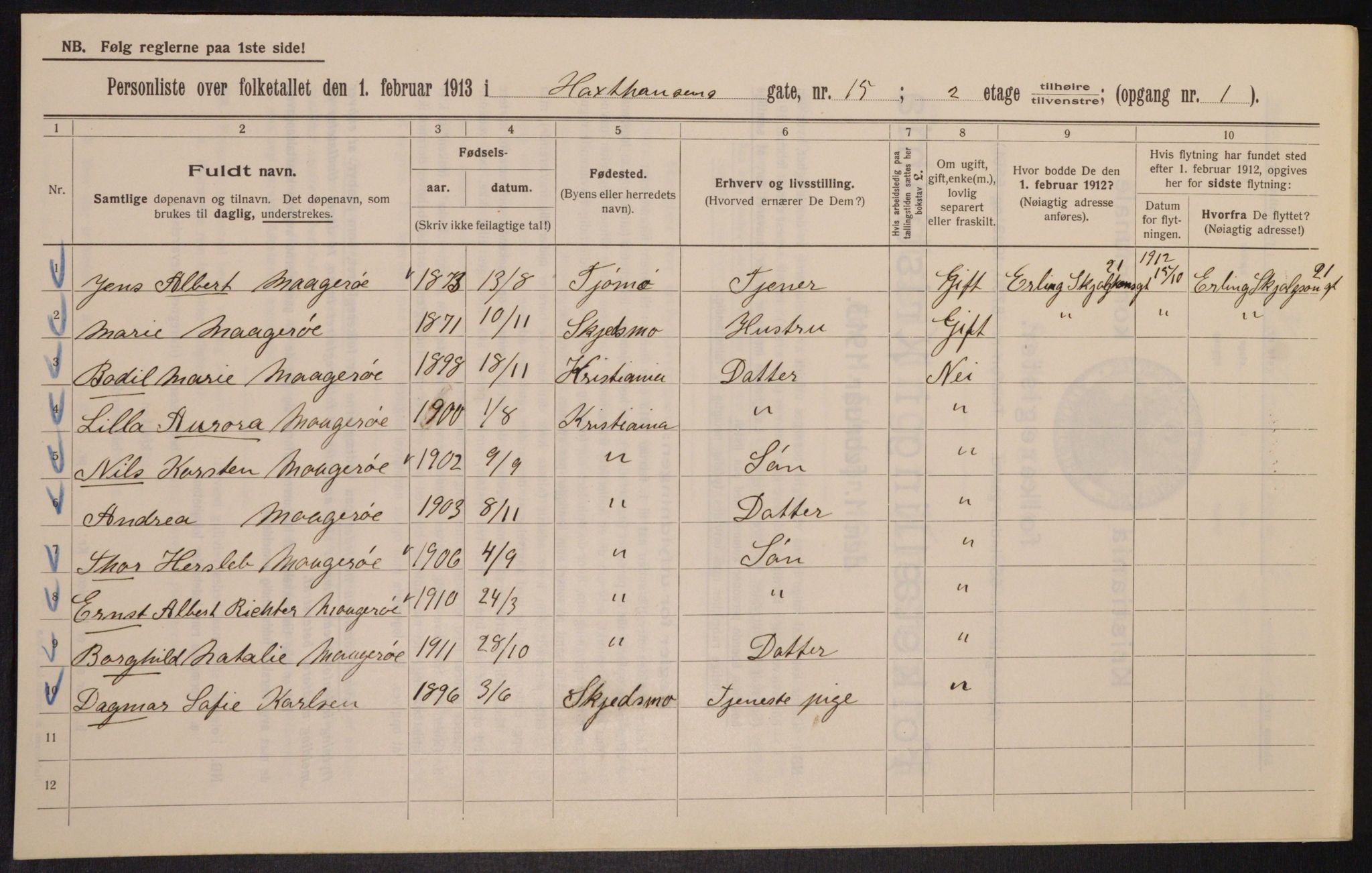 OBA, Municipal Census 1913 for Kristiania, 1913, p. 35735