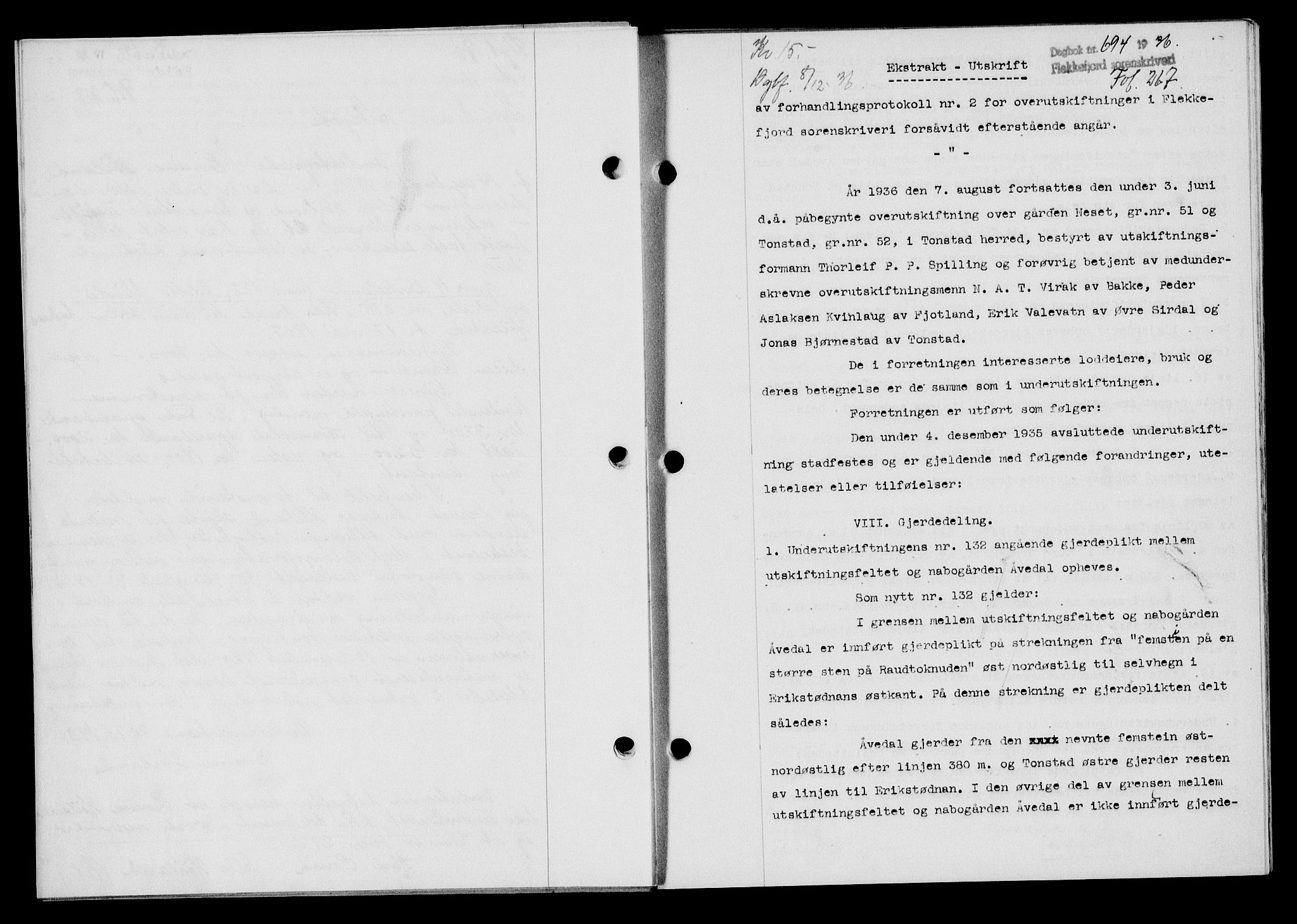 Flekkefjord sorenskriveri, SAK/1221-0001/G/Gb/Gba/L0053: Mortgage book no. A-1, 1936-1937, Diary no: : 694/1936