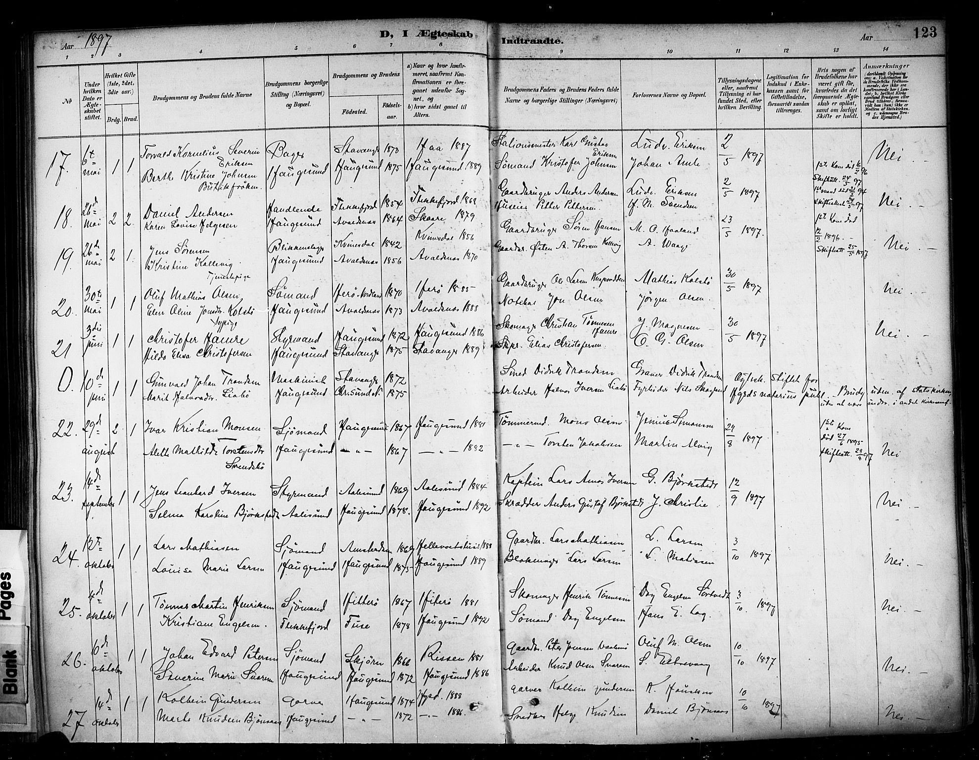Haugesund sokneprestkontor, AV/SAST-A -101863/H/Ha/Haa/L0005: Parish register (official) no. A 5, 1891-1903, p. 123