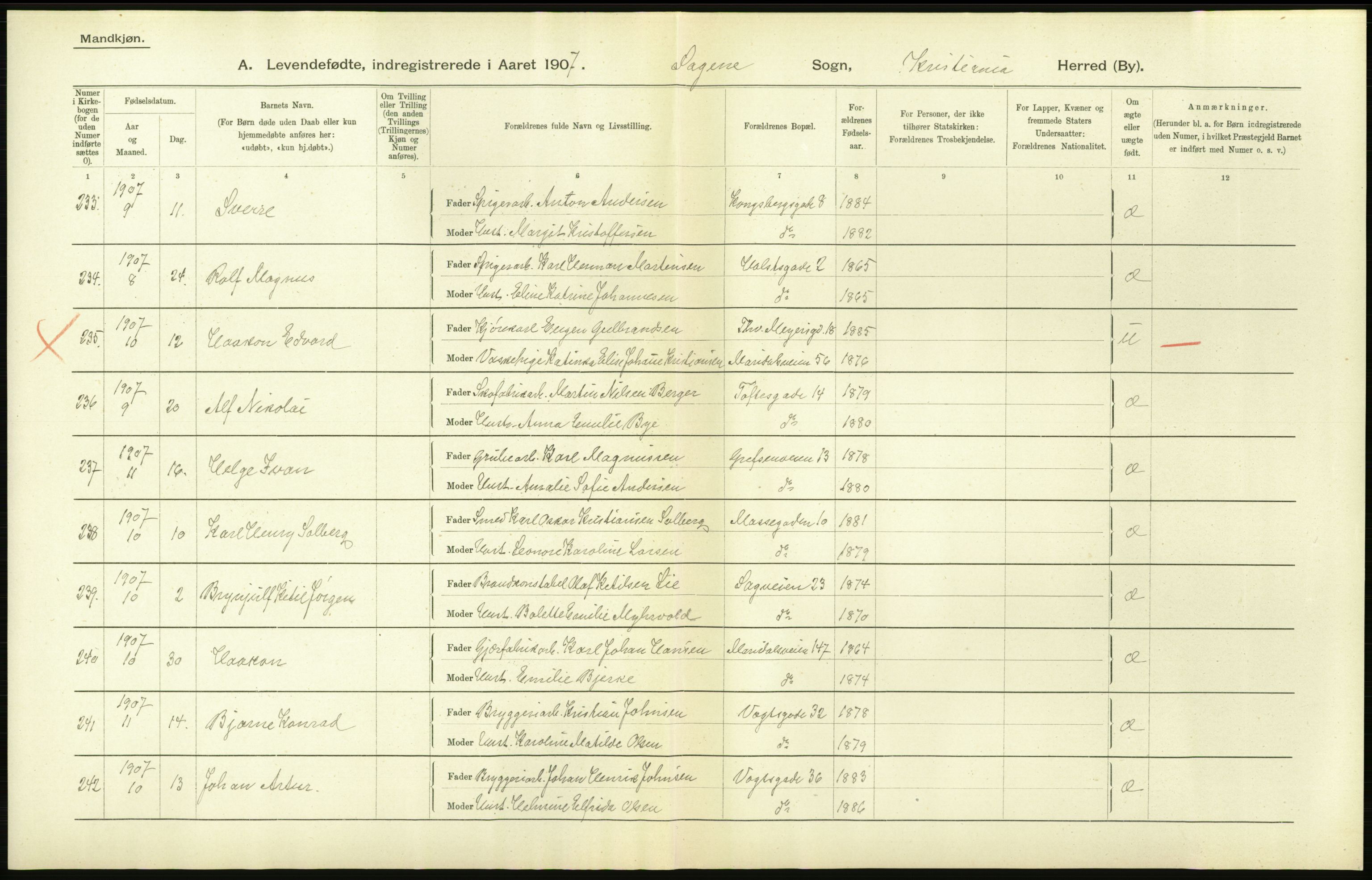 Statistisk sentralbyrå, Sosiodemografiske emner, Befolkning, AV/RA-S-2228/D/Df/Dfa/Dfae/L0006: Kristiania: Levendefødte menn og kvinner., 1907, p. 684