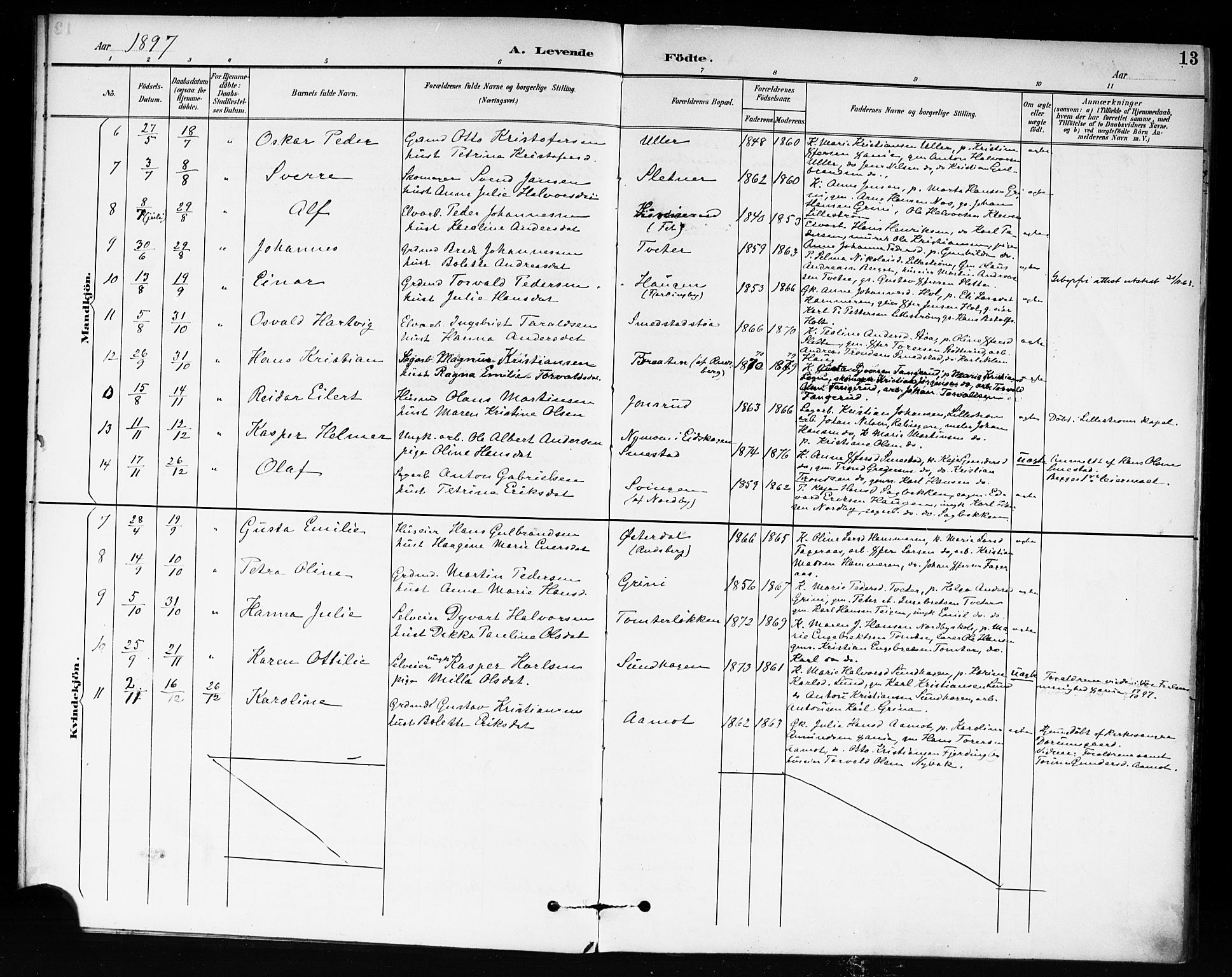 Fet prestekontor Kirkebøker, SAO/A-10370a/F/Fb/L0002: Parish register (official) no. II 2, 1892-1904, p. 13