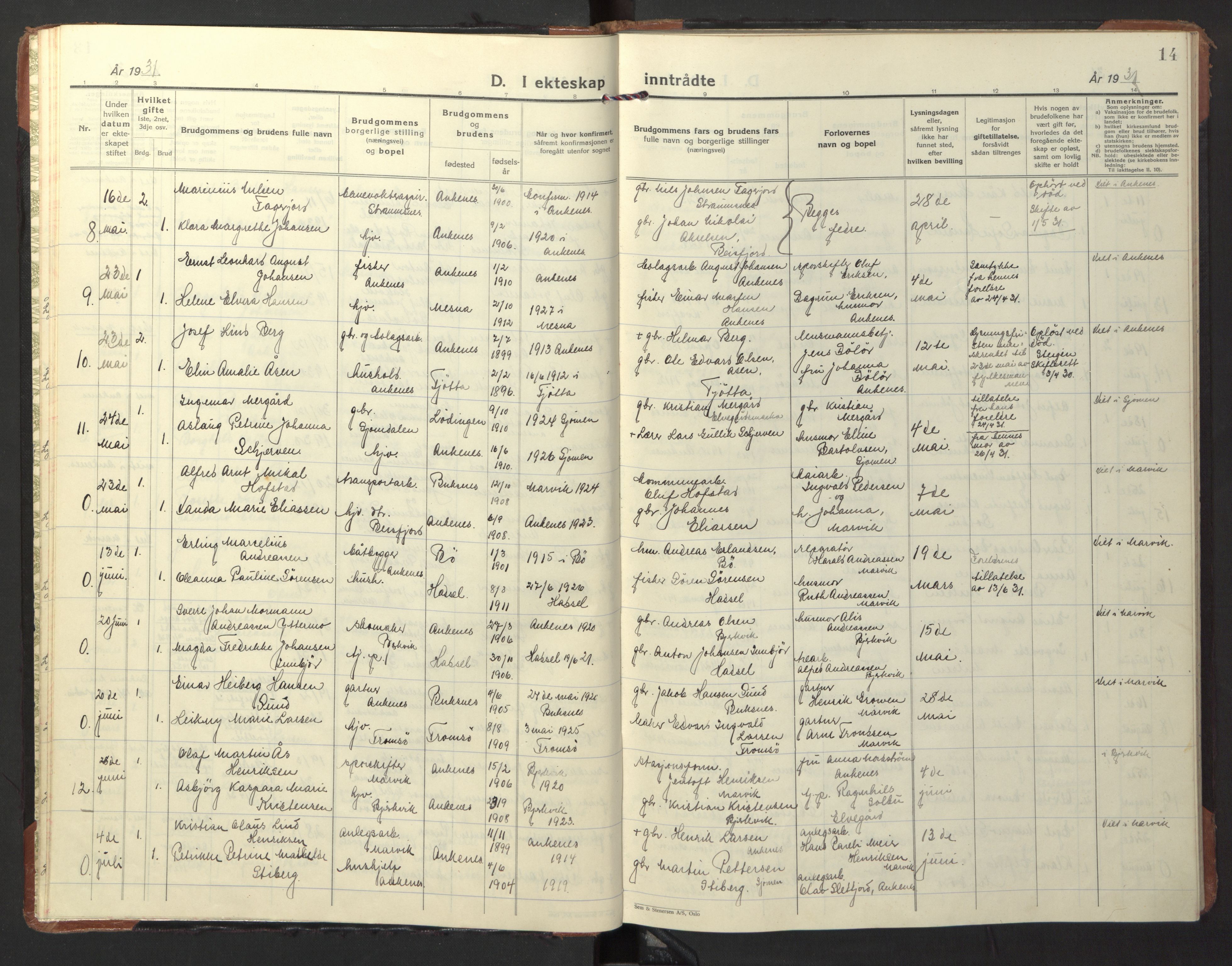 Ministerialprotokoller, klokkerbøker og fødselsregistre - Nordland, AV/SAT-A-1459/866/L0948: Parish register (official) no. 866A11, 1929-1949, p. 14