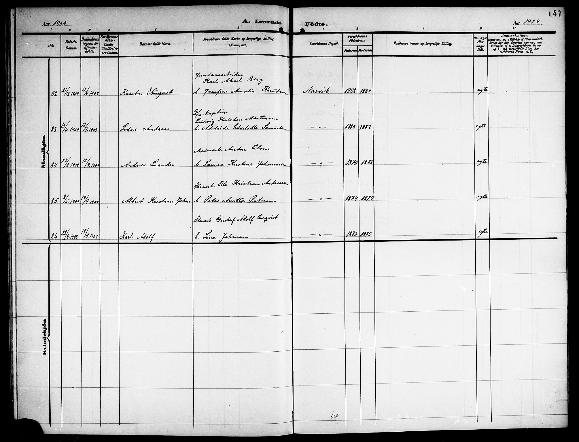 Ministerialprotokoller, klokkerbøker og fødselsregistre - Nordland, AV/SAT-A-1459/871/L1012: Parish register (copy) no. 871C01, 1902-1909, p. 147