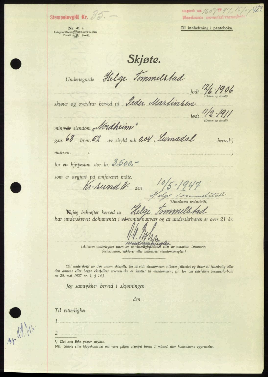 Nordmøre sorenskriveri, AV/SAT-A-4132/1/2/2Ca: Mortgage book no. A105, 1947-1947, Diary no: : 1607/1947