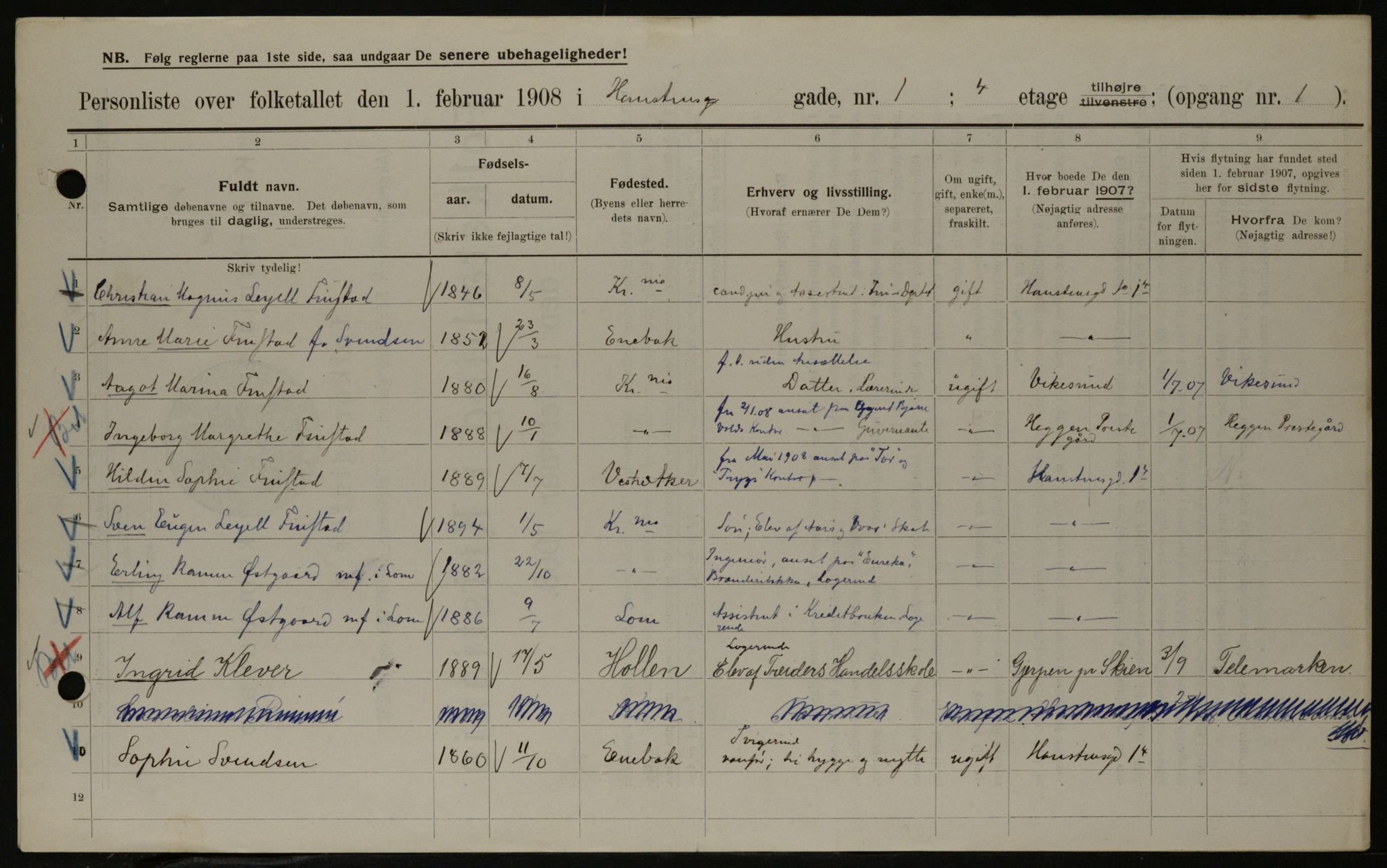 OBA, Municipal Census 1908 for Kristiania, 1908, p. 31319