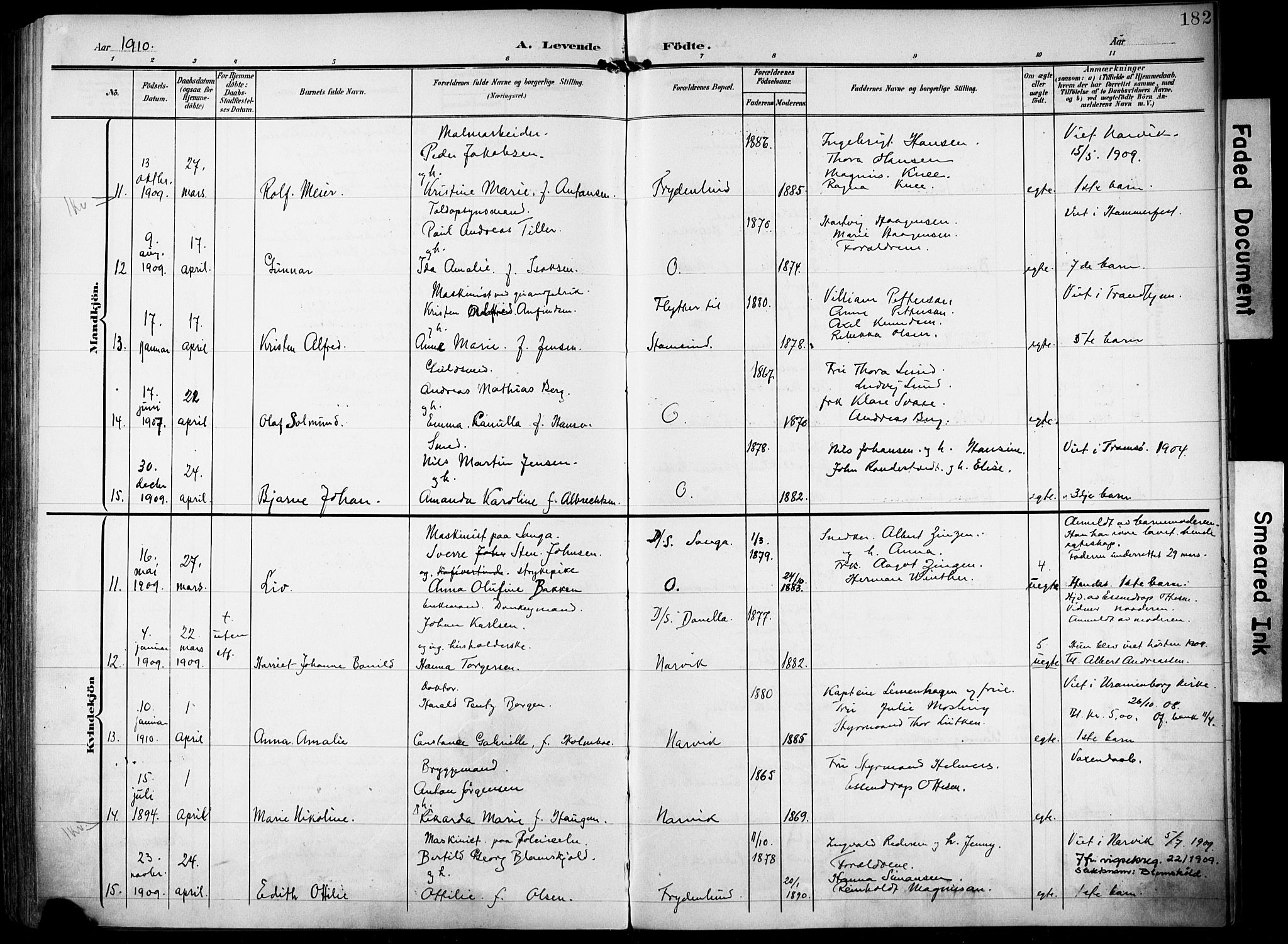 Ministerialprotokoller, klokkerbøker og fødselsregistre - Nordland, AV/SAT-A-1459/871/L0994: Parish register (official) no. 871A10, 1902-1910, p. 182