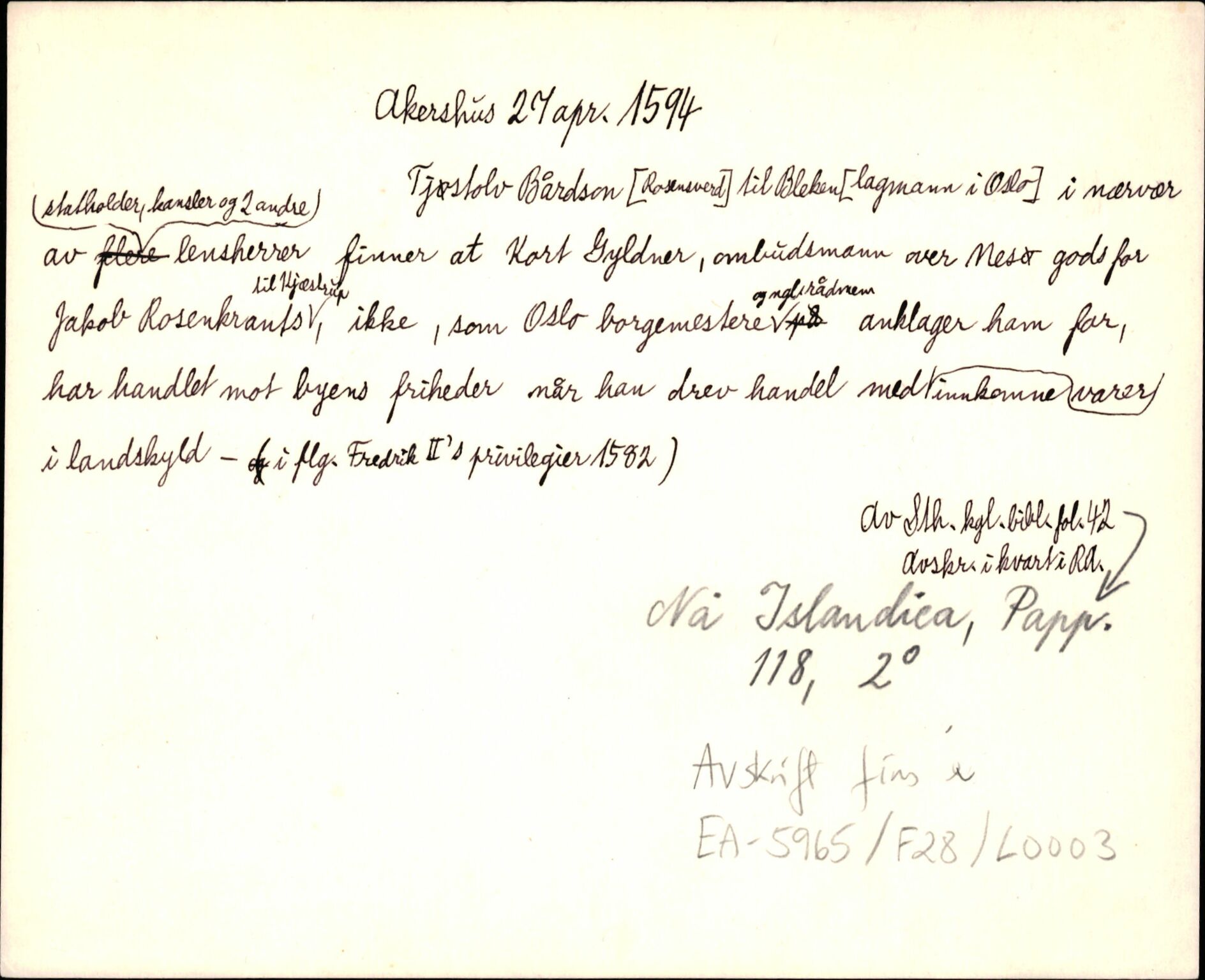 Riksarkivets diplomsamling, AV/RA-EA-5965/F35/F35d/L0002: Innlånte diplomer, seddelregister, 1592-1620, p. 71