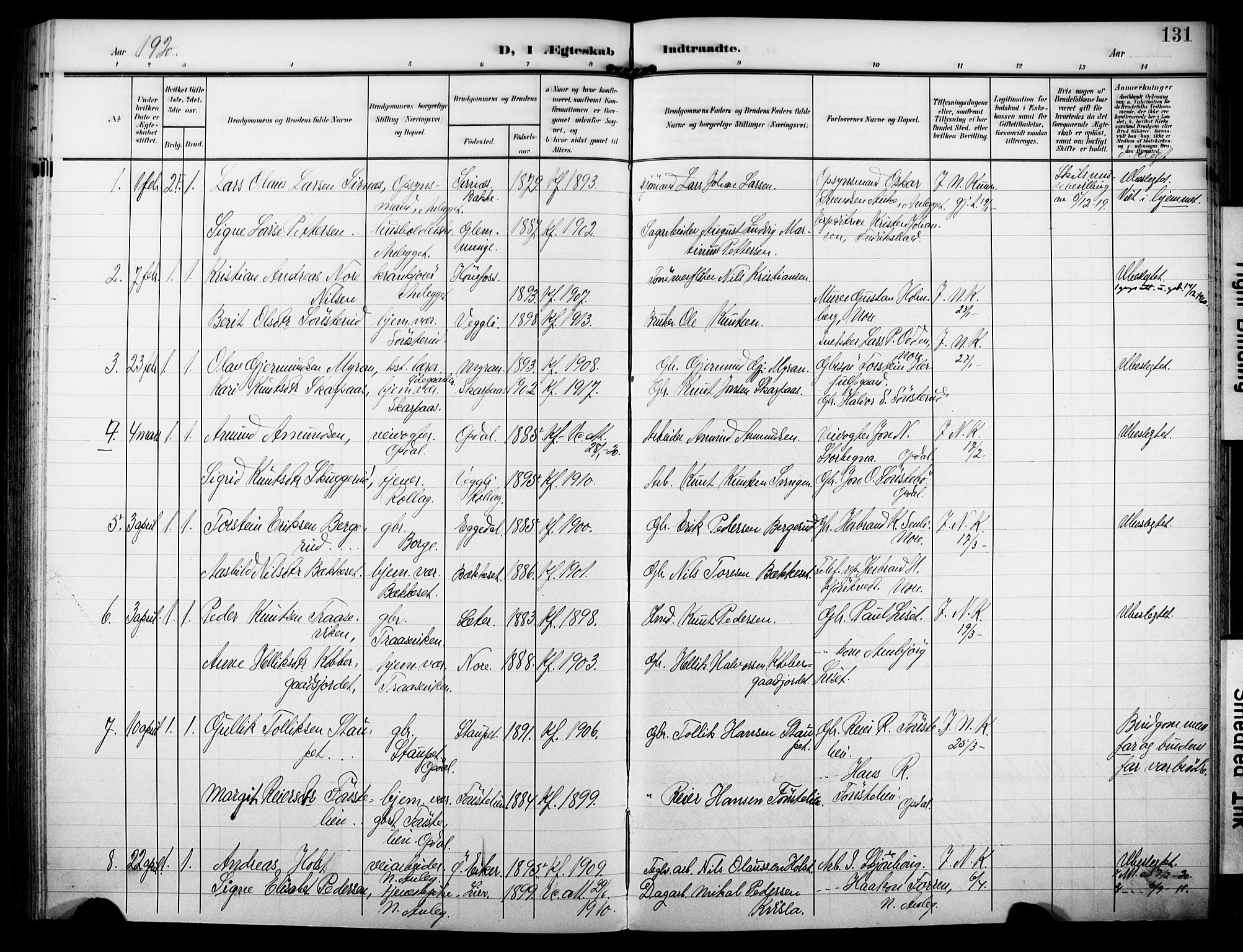 Nore kirkebøker, AV/SAKO-A-238/F/Fb/L0003: Parish register (official) no. II 3, 1906-1926, p. 131