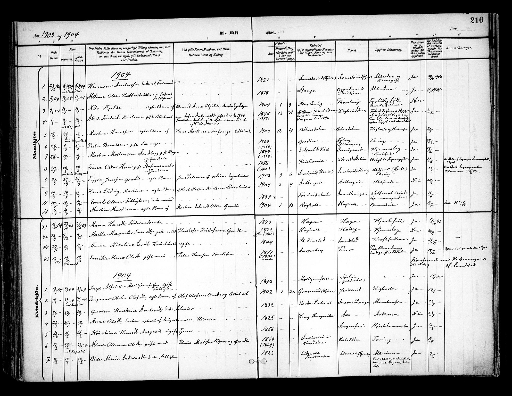 Eidsvoll prestekontor Kirkebøker, SAO/A-10888/F/Fa/L0006: Parish register (official) no. I 6, 1900-1907, p. 216