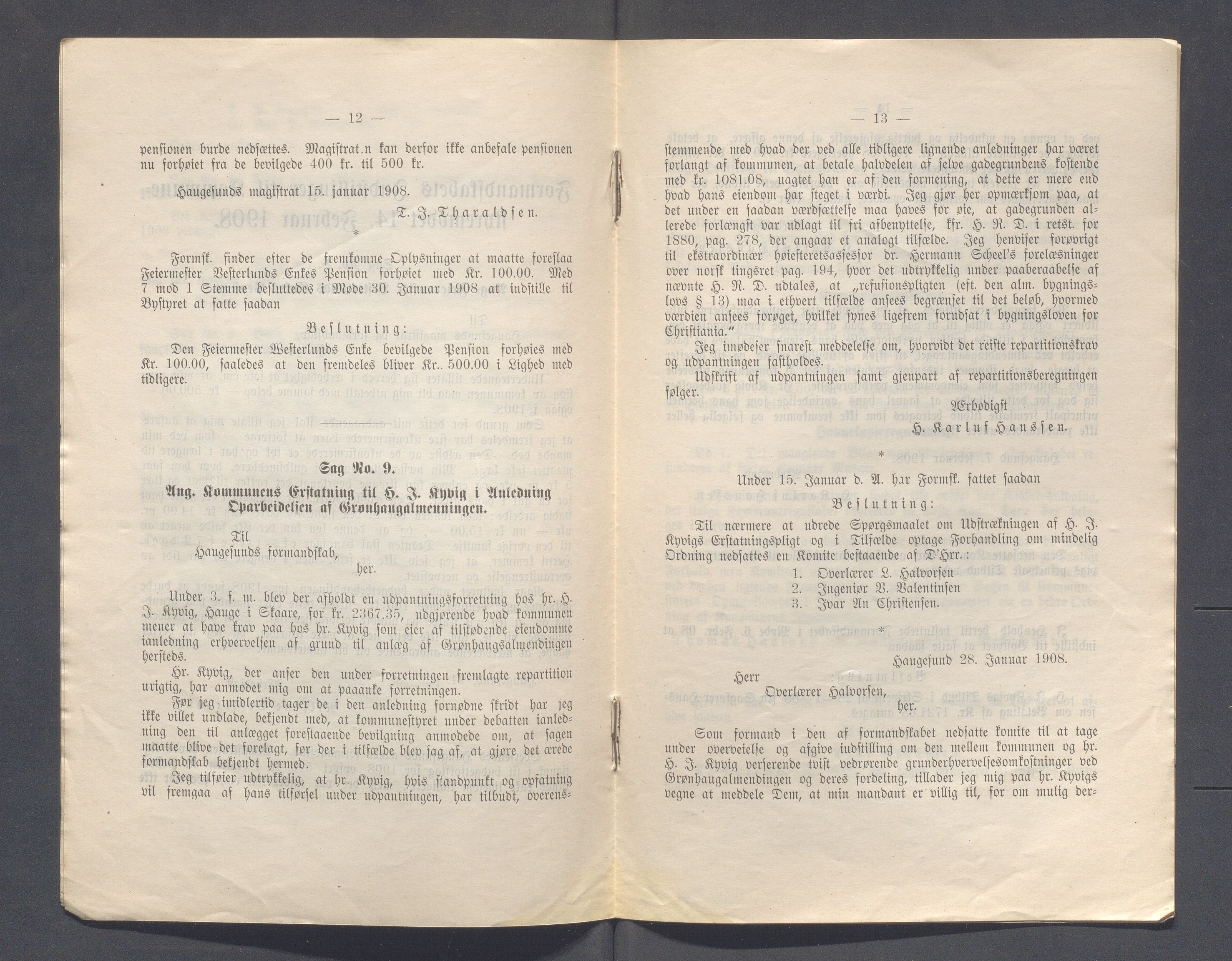 Haugesund kommune - Formannskapet og Bystyret, IKAR/A-740/A/Abb/L0002: Bystyreforhandlinger, 1908-1917, p. 9