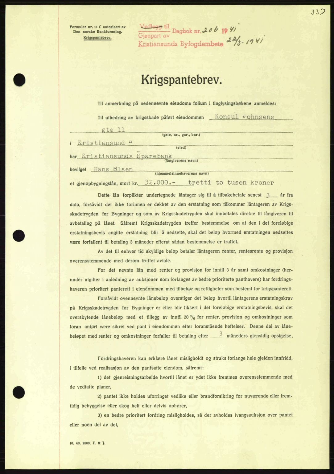 Kristiansund byfogd, AV/SAT-A-4587/A/27: Mortgage book no. 33, 1939-1941, Diary no: : 206/1941