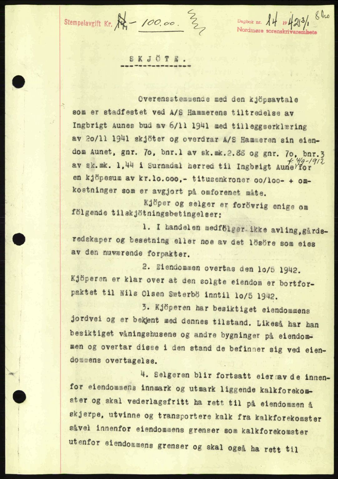 Nordmøre sorenskriveri, AV/SAT-A-4132/1/2/2Ca: Mortgage book no. A91, 1941-1942, Diary no: : 14/1942