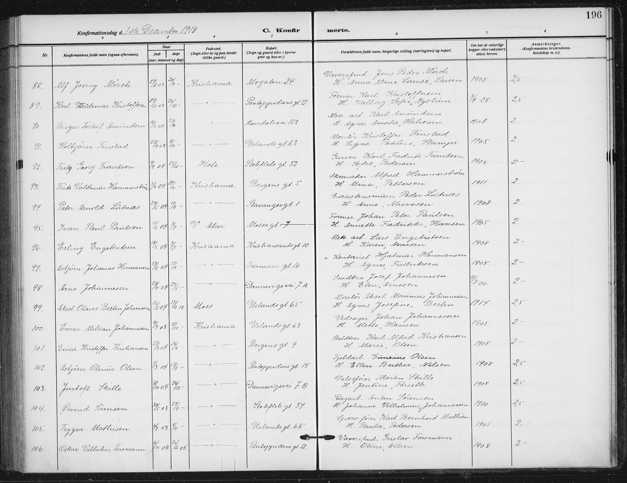 Sagene prestekontor Kirkebøker, SAO/A-10796/F/L0008: Parish register (official) no. 8, 1910-1919, p. 196