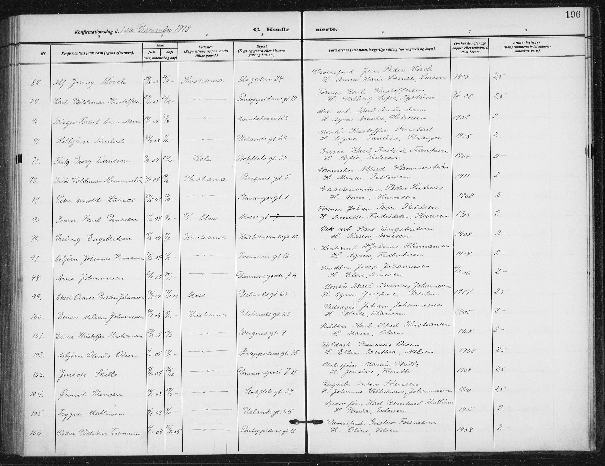 Sagene prestekontor Kirkebøker, AV/SAO-A-10796/F/L0008: Parish register (official) no. 8, 1910-1919, p. 196