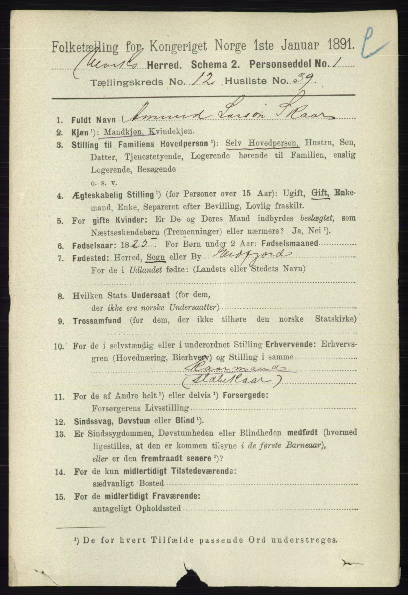 RA, 1891 census for 1233 Ulvik, 1891, p. 3825