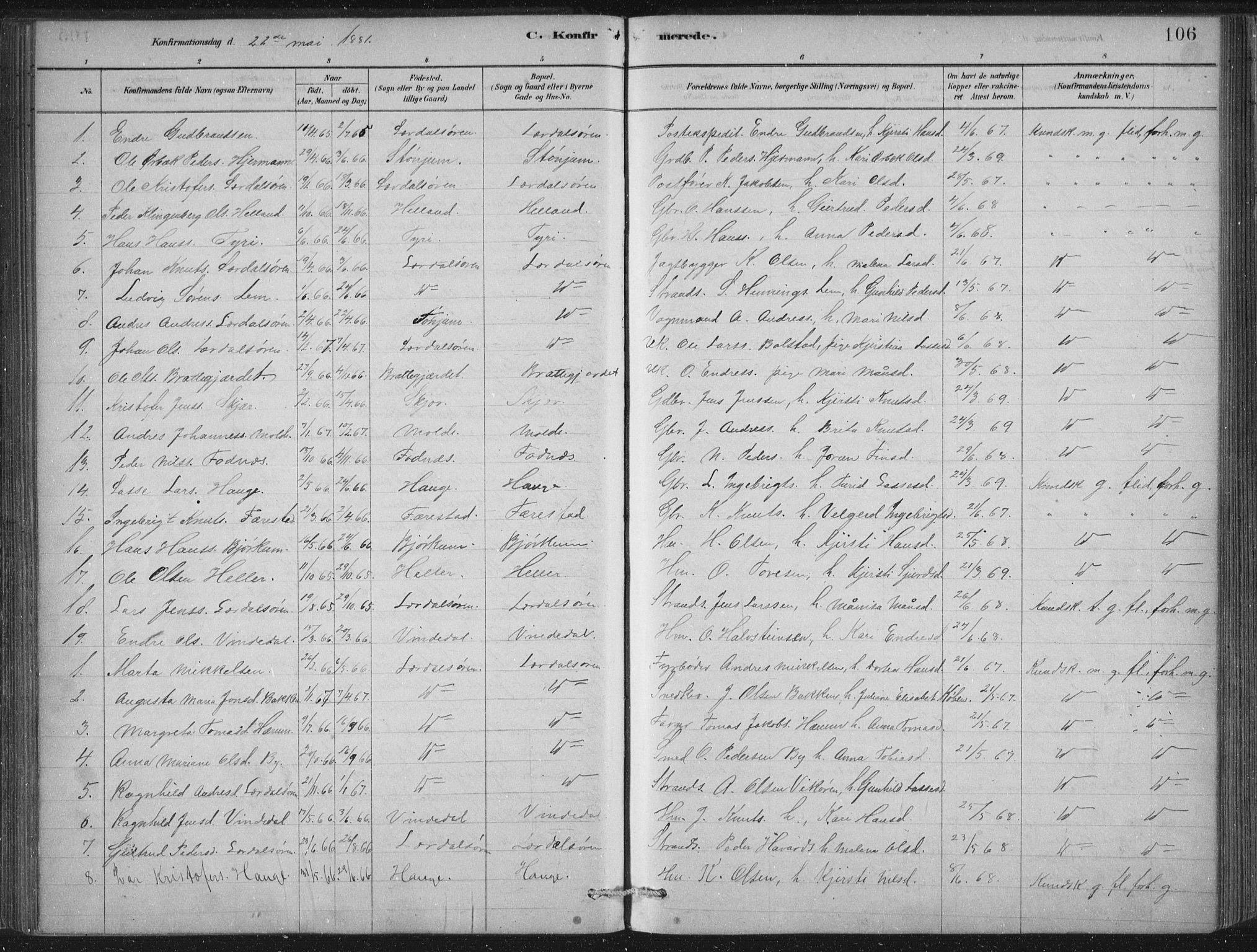 Lærdal sokneprestembete, SAB/A-81201: Parish register (official) no. D  1, 1878-1908, p. 106
