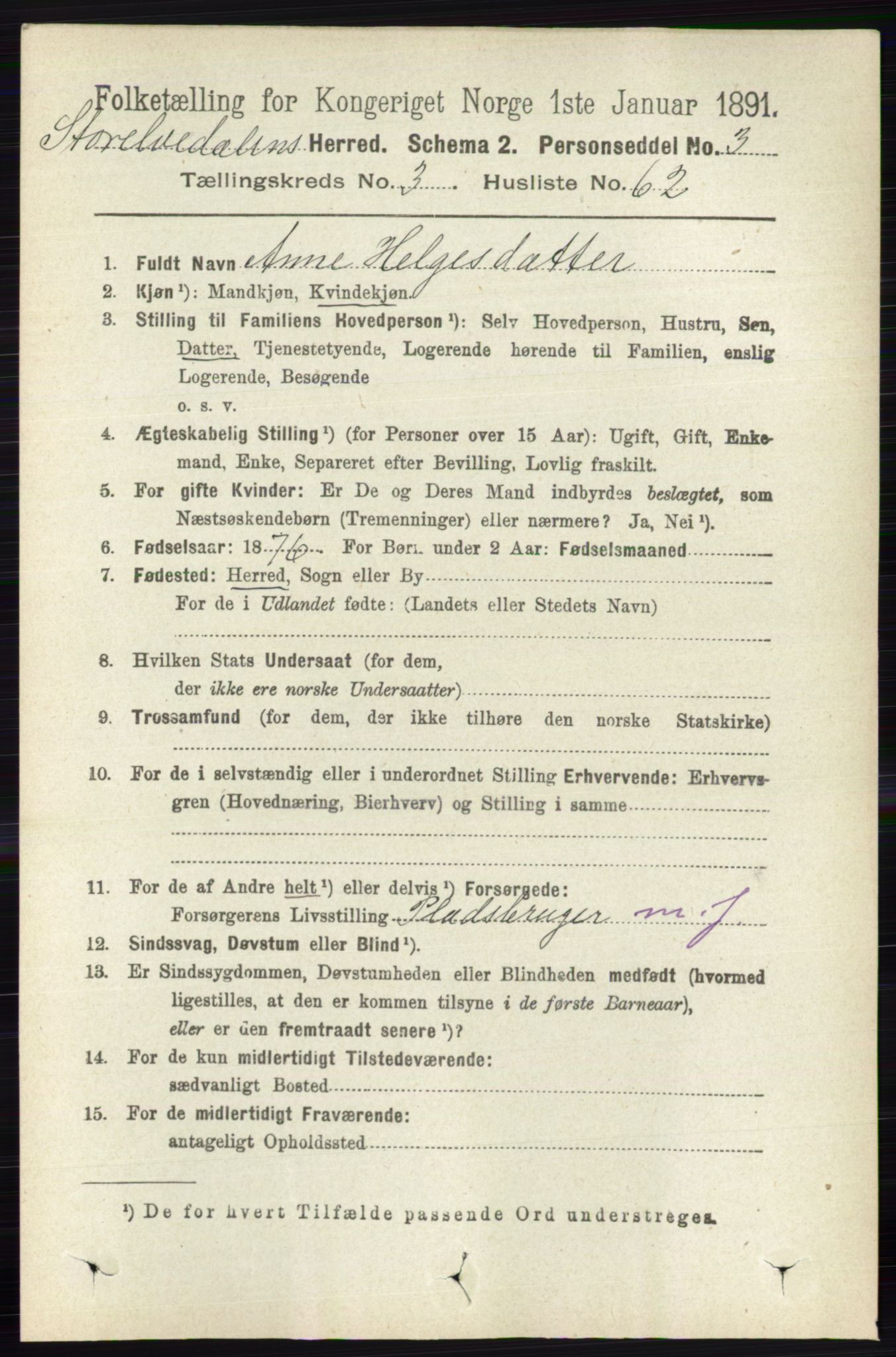 RA, 1891 census for 0430 Stor-Elvdal, 1891, p. 1283