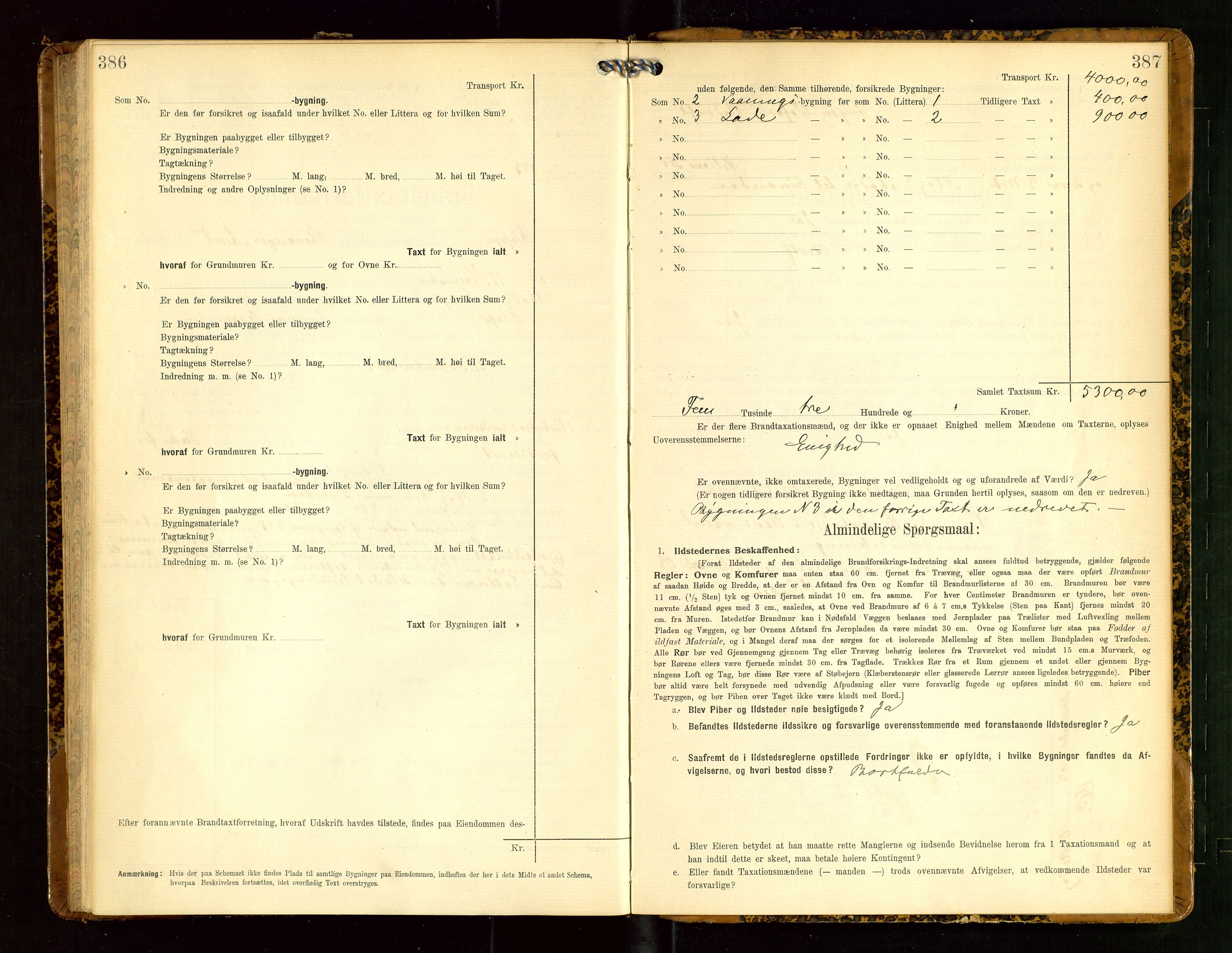 Klepp lensmannskontor, SAST/A-100163/Goc/L0005: "Brandtaxationsprotokol" m/register, 1908, p. 386-387