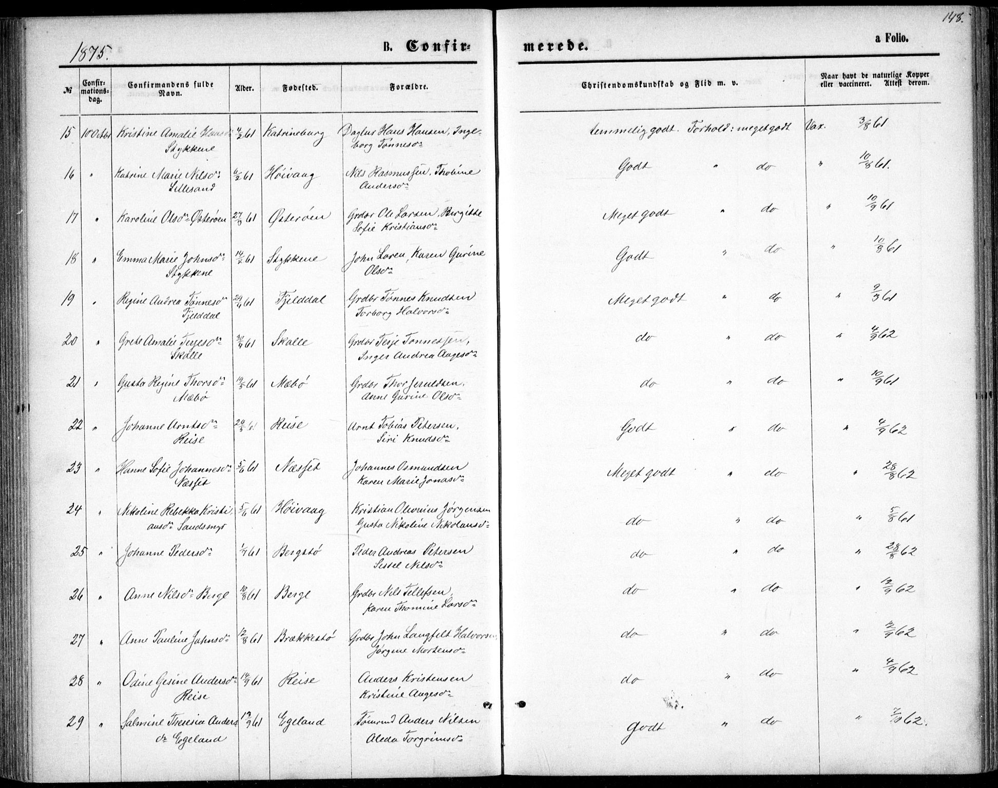 Vestre Moland sokneprestkontor, AV/SAK-1111-0046/F/Fb/Fbb/L0005: Parish register (copy) no. B 5, 1872-1883, p. 148