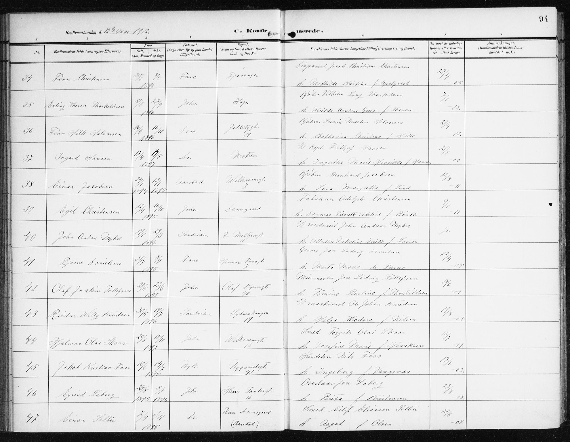 Johanneskirken sokneprestembete, SAB/A-76001/H/Haa/L0009: Parish register (official) no. C 2, 1907-1924, p. 94