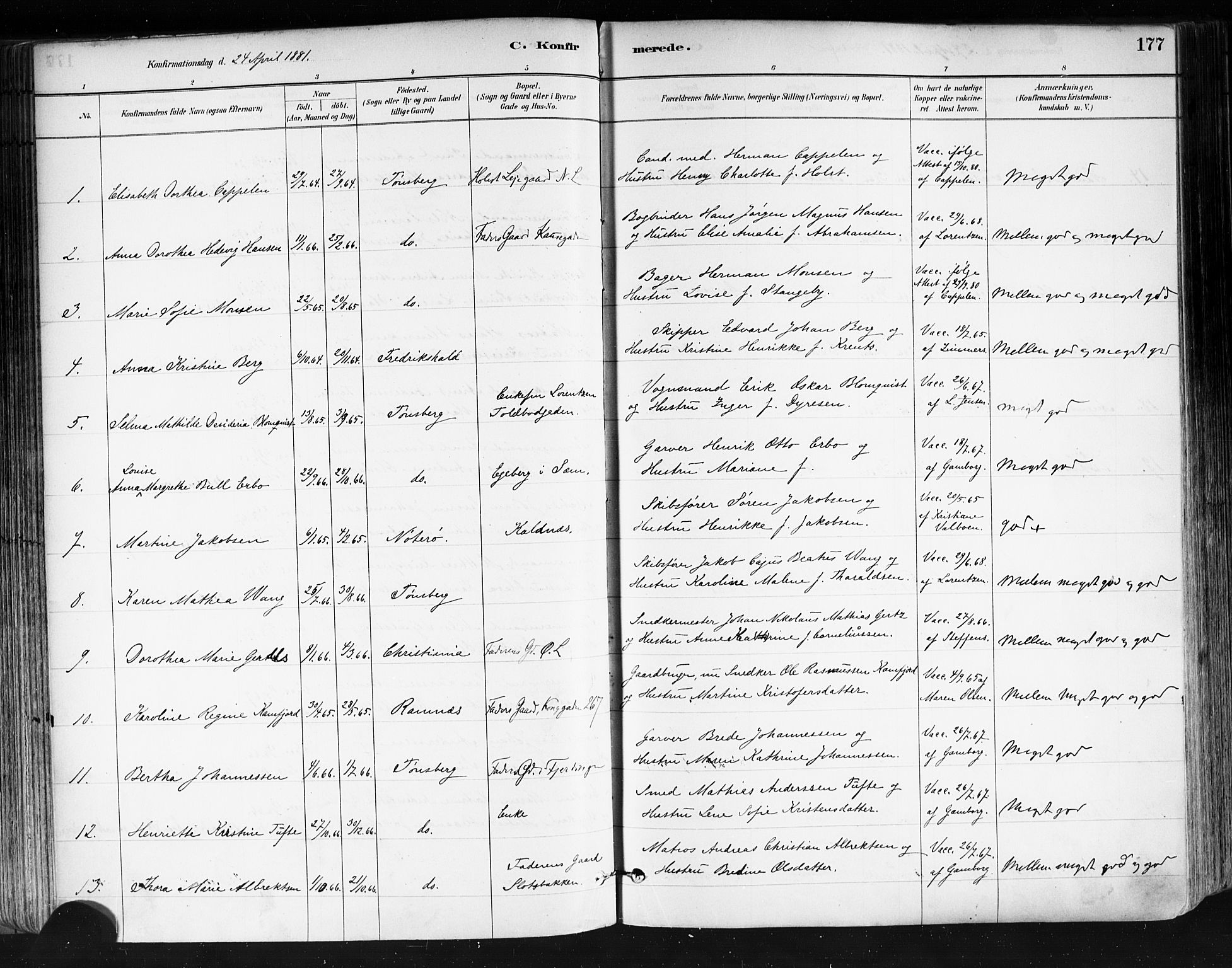 Tønsberg kirkebøker, AV/SAKO-A-330/F/Fa/L0011: Parish register (official) no. I 11, 1881-1890, p. 177