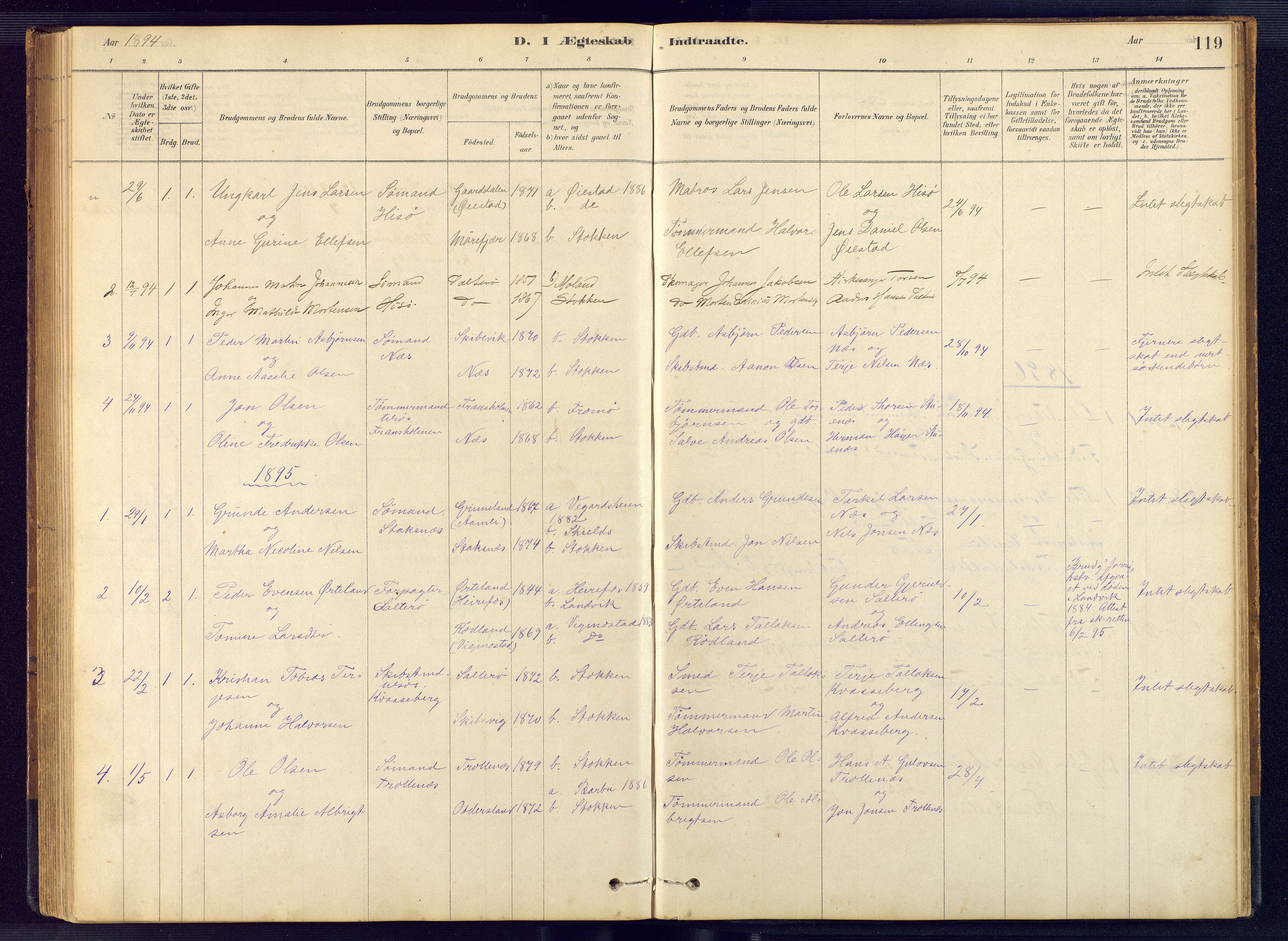 Austre Moland sokneprestkontor, SAK/1111-0001/F/Fb/Fbb/L0001: Parish register (copy) no. B 1, 1878-1904, p. 119