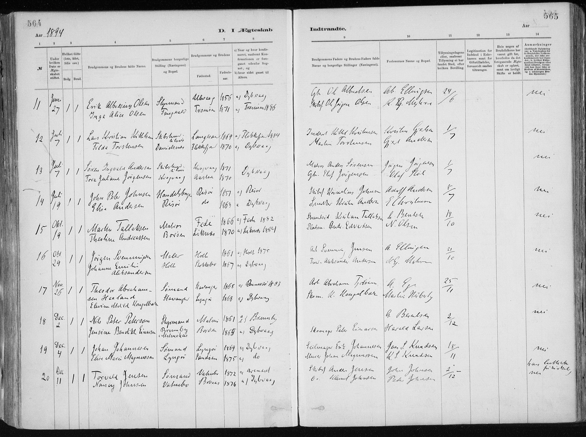 Dypvåg sokneprestkontor, SAK/1111-0007/F/Fa/Faa/L0008: Parish register (official) no. A 8, 1885-1906, p. 564-565