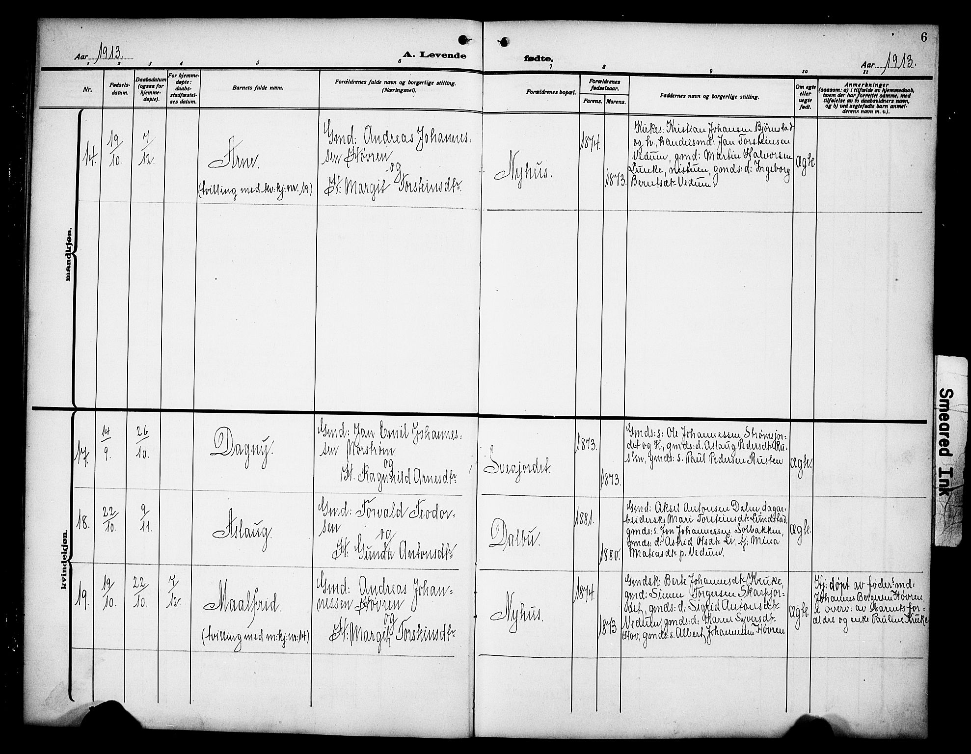 Øyer prestekontor, SAH/PREST-084/H/Ha/Hab/L0007: Parish register (copy) no. 7, 1913-1928, p. 6