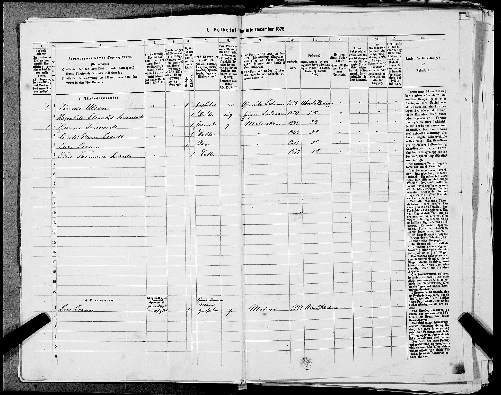 SAST, 1875 census for 1150L Skudenes/Falnes, Åkra og Ferkingstad, 1875, p. 409