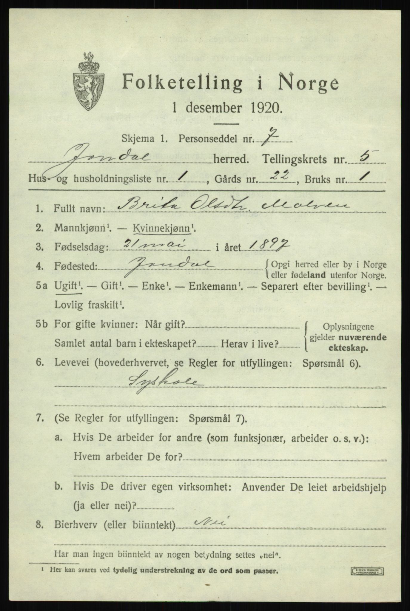 SAB, 1920 census for Jondal, 1920, p. 2504