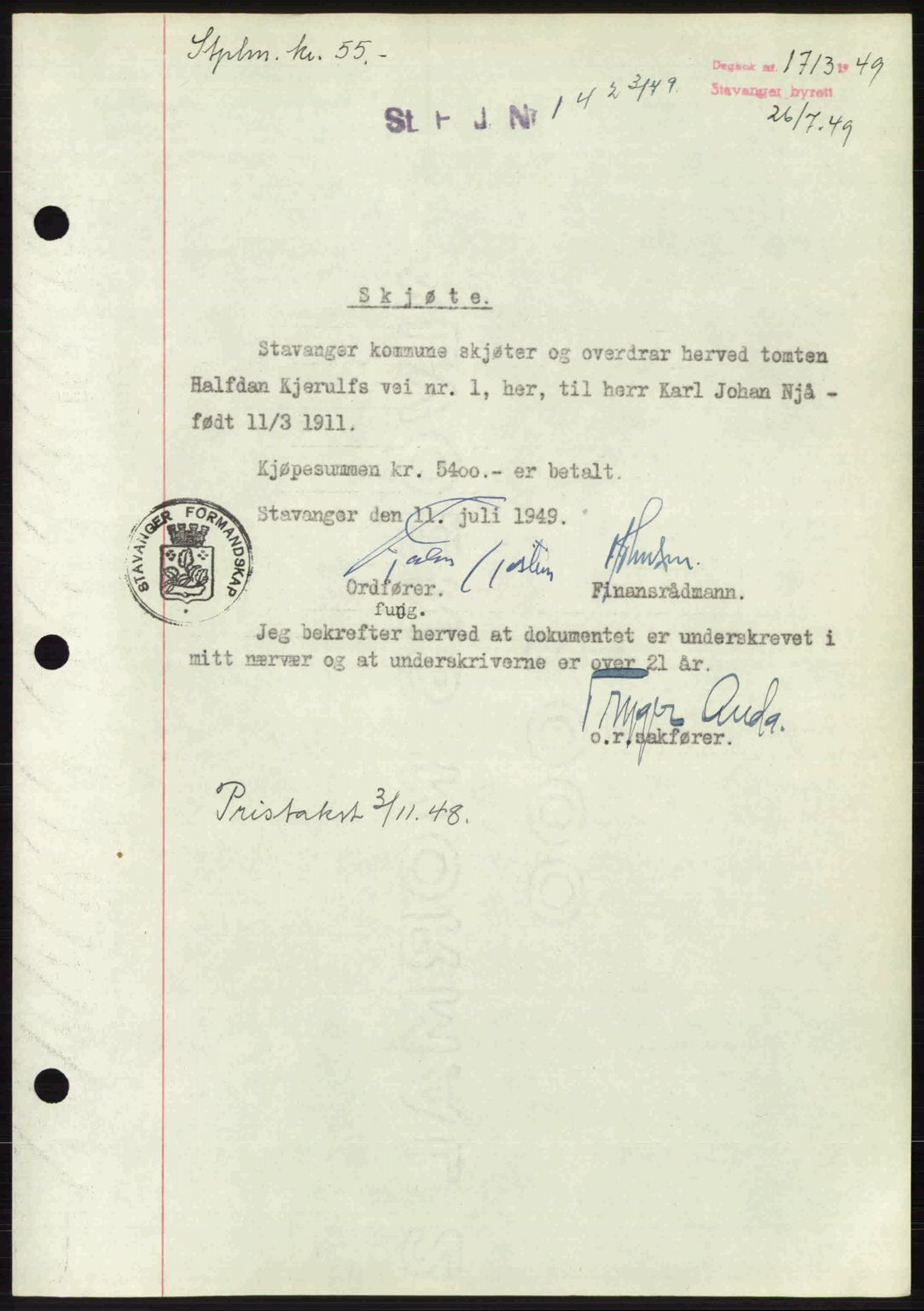 Stavanger byrett, SAST/A-100455/002/G/Gb/L0023: Mortgage book no. A12, 1948-1949, Diary no: : 1713/1949