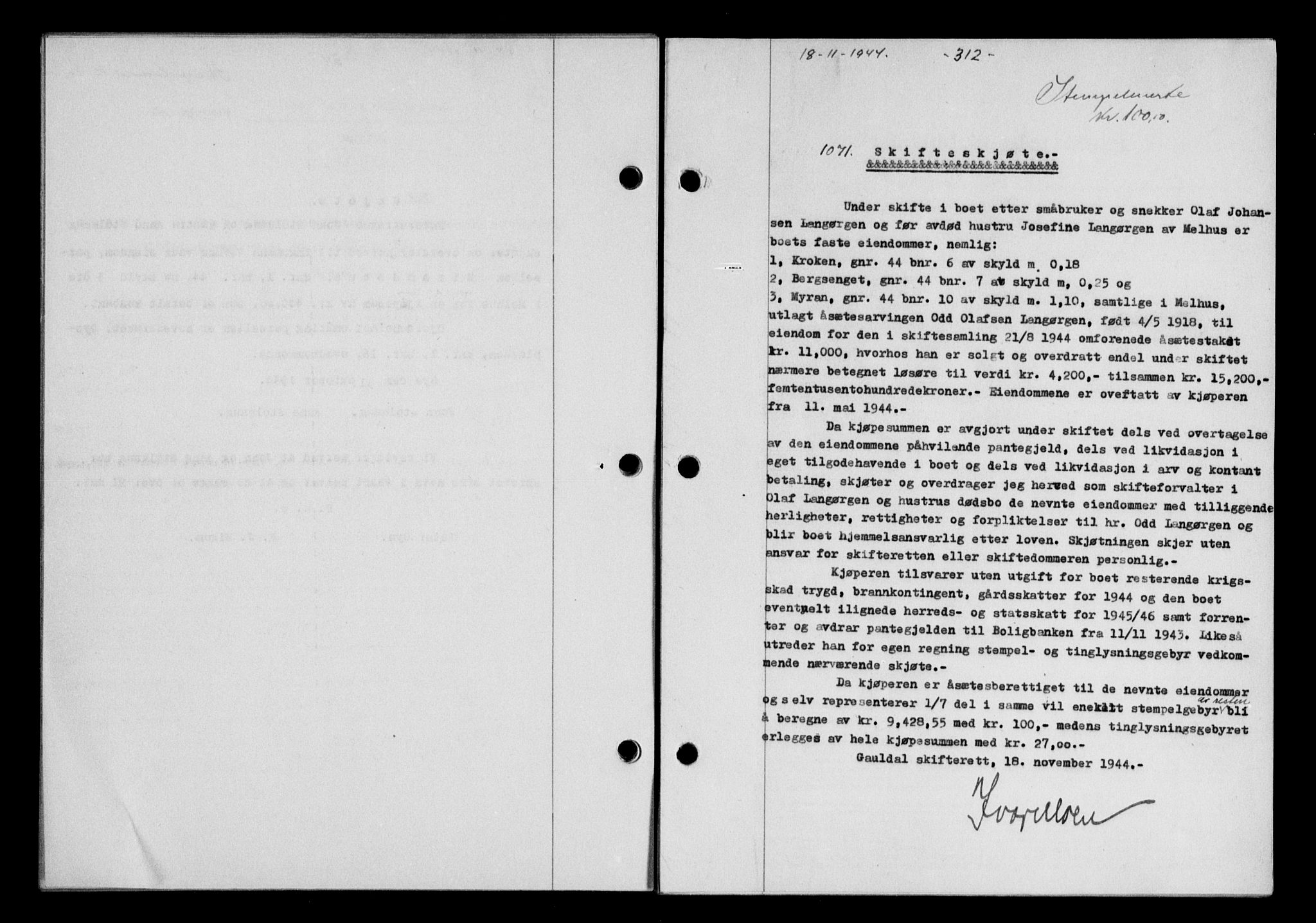 Gauldal sorenskriveri, SAT/A-0014/1/2/2C/L0058: Mortgage book no. 63, 1944-1945, Diary no: : 1071/1944