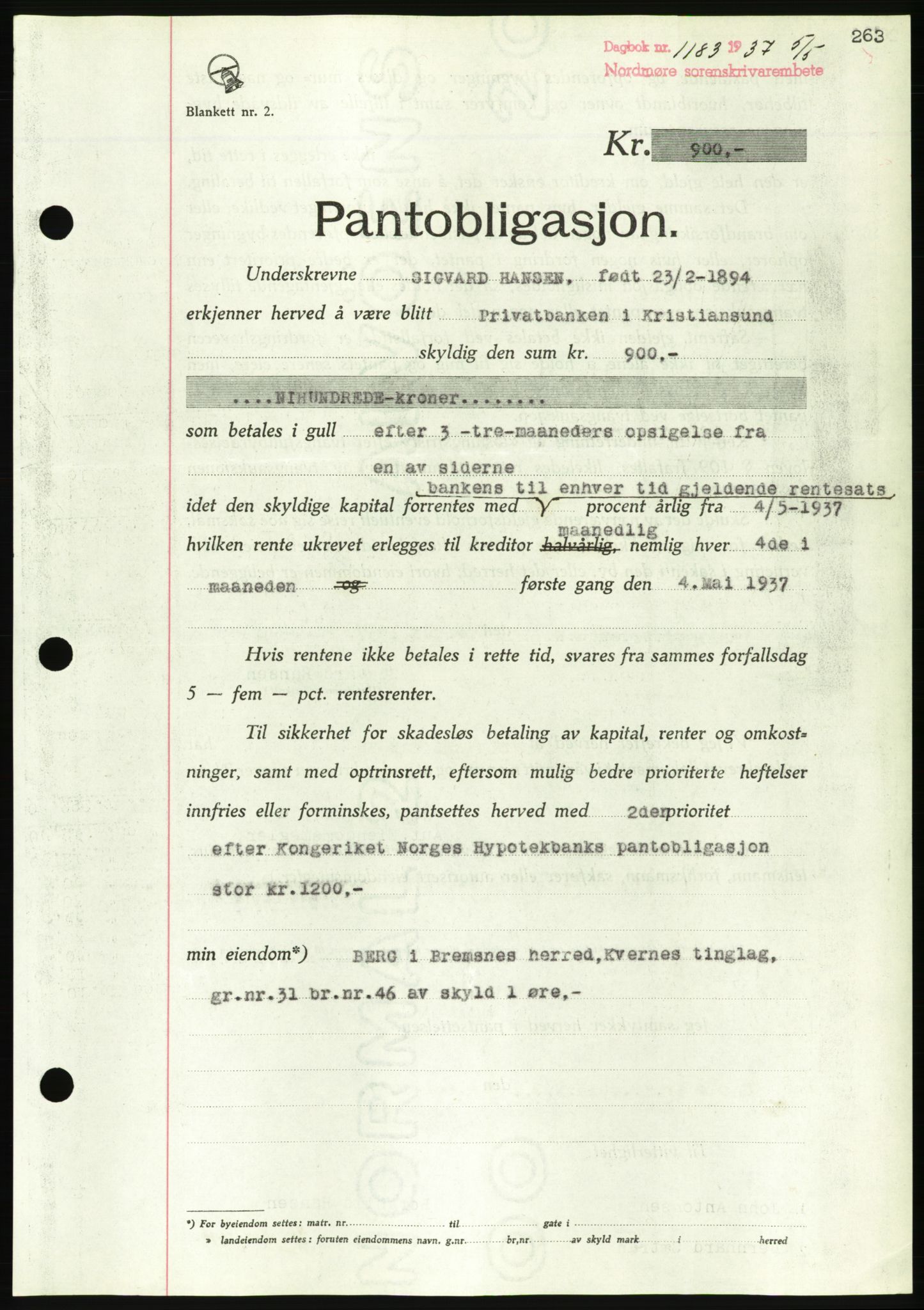 Nordmøre sorenskriveri, AV/SAT-A-4132/1/2/2Ca/L0091: Mortgage book no. B81, 1937-1937, Diary no: : 1183/1937