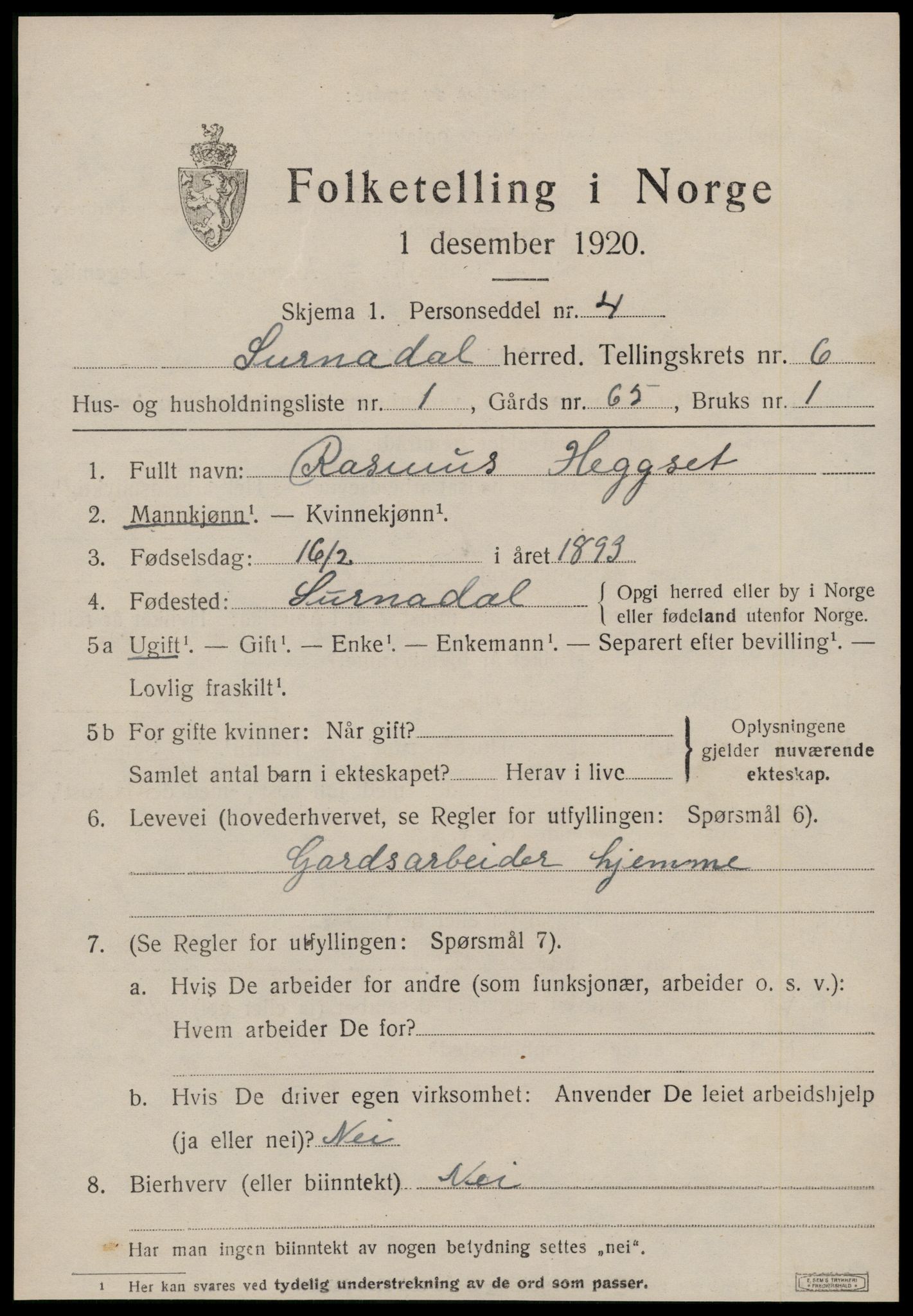 SAT, 1920 census for Surnadal, 1920, p. 4301