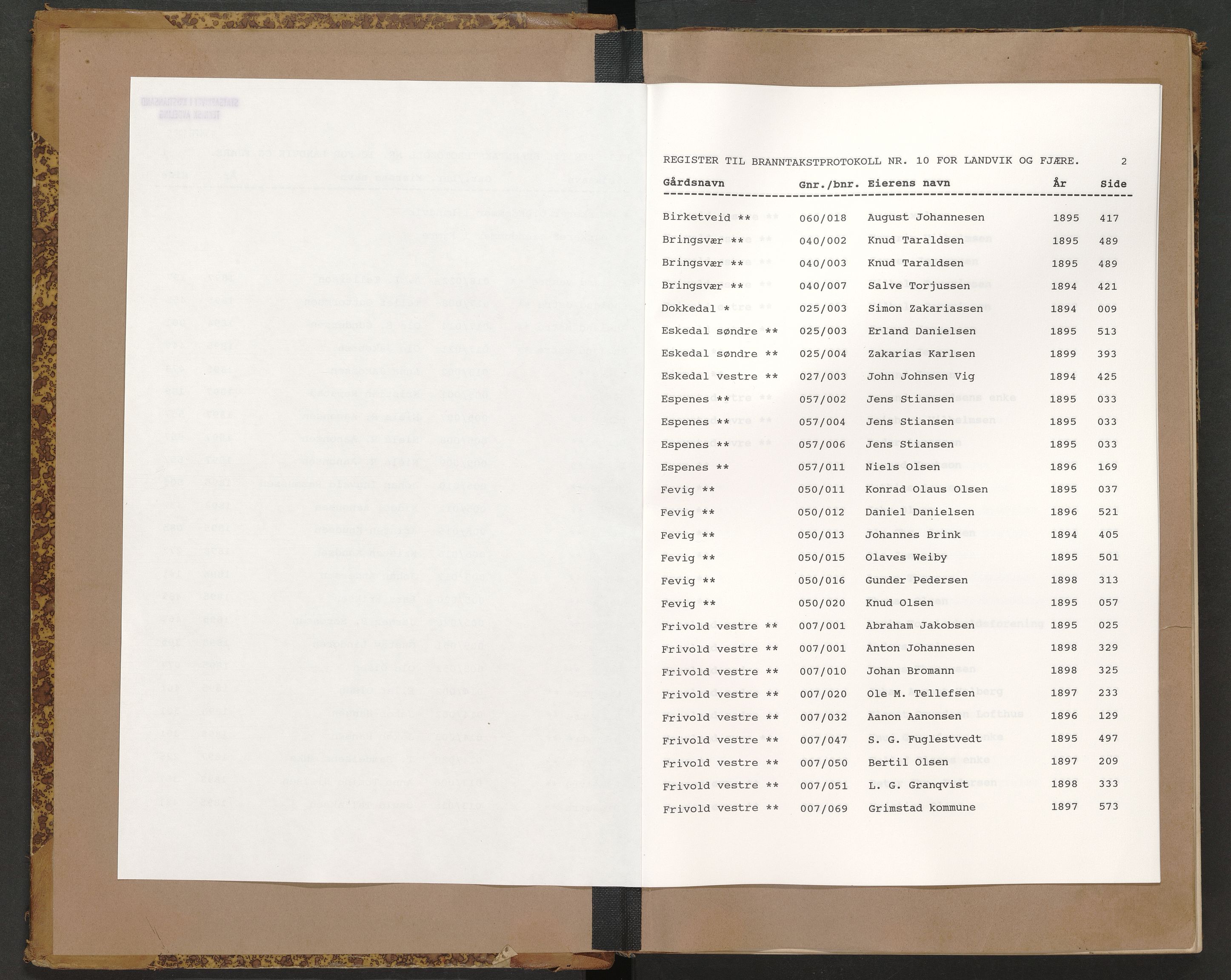 Norges Brannkasse Landvik og Fjære, AV/SAK-2241-0032/F/Fa/L0010: Branntakstprotokoll nr. 10, 1894-1898