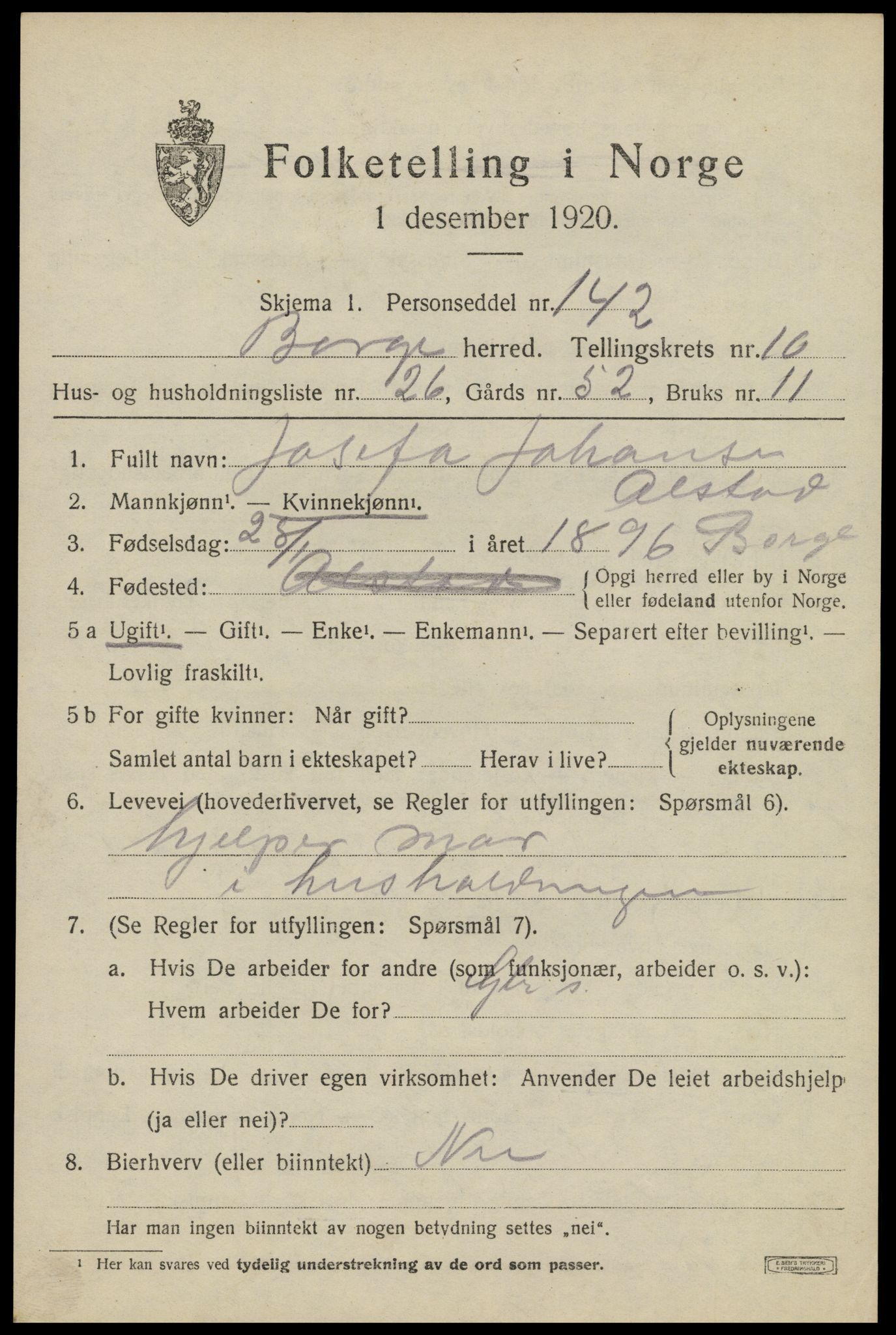 SAT, 1920 census for Borge, 1920, p. 8983