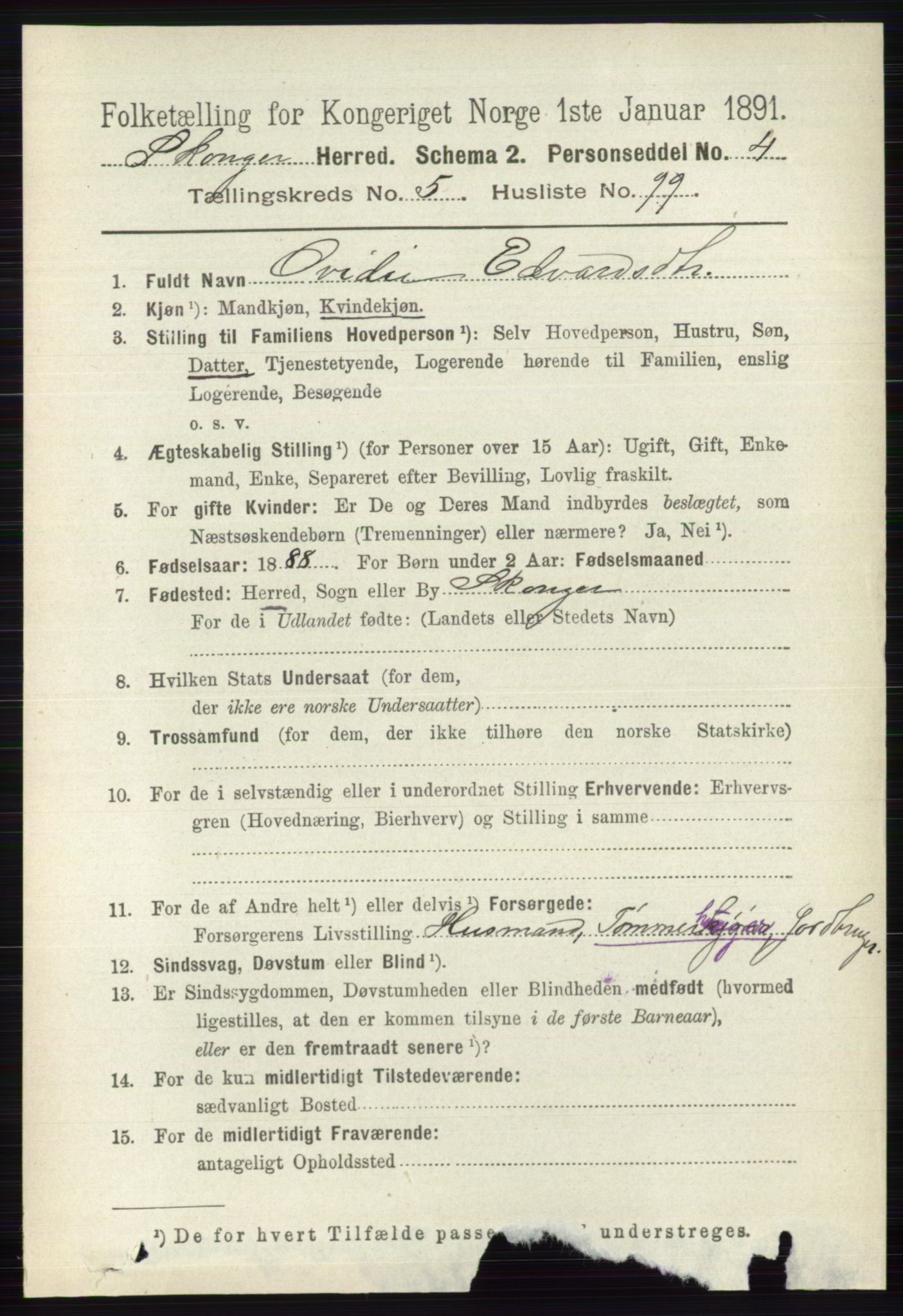 RA, 1891 census for 0712 Skoger, 1891, p. 3697