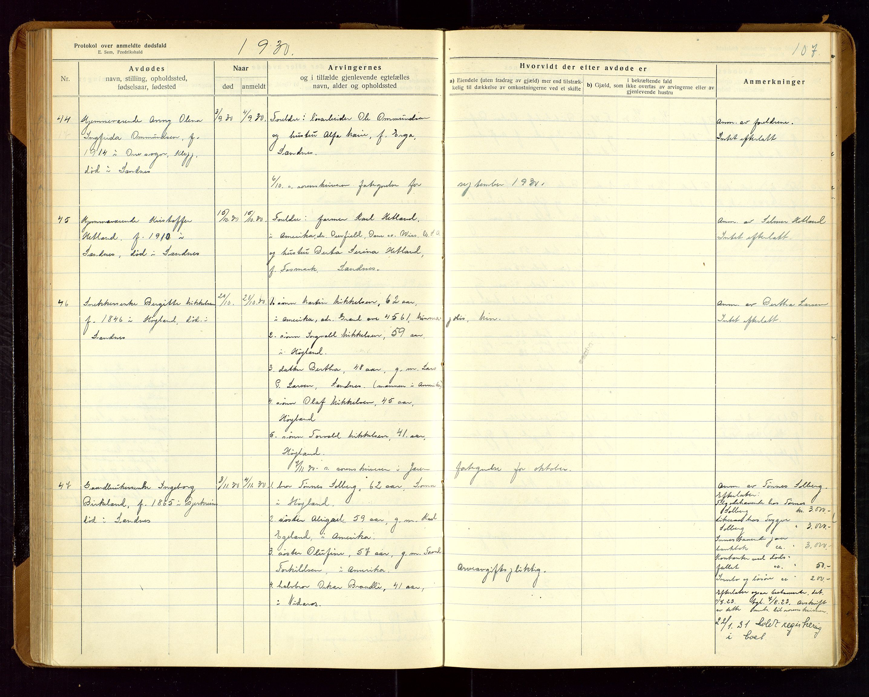 Sandnes lensmannskontor, AV/SAST-A-100167/Gga/L0001: "Protokol over anmeldte dødsfald" m/register, 1918-1940, p. 107