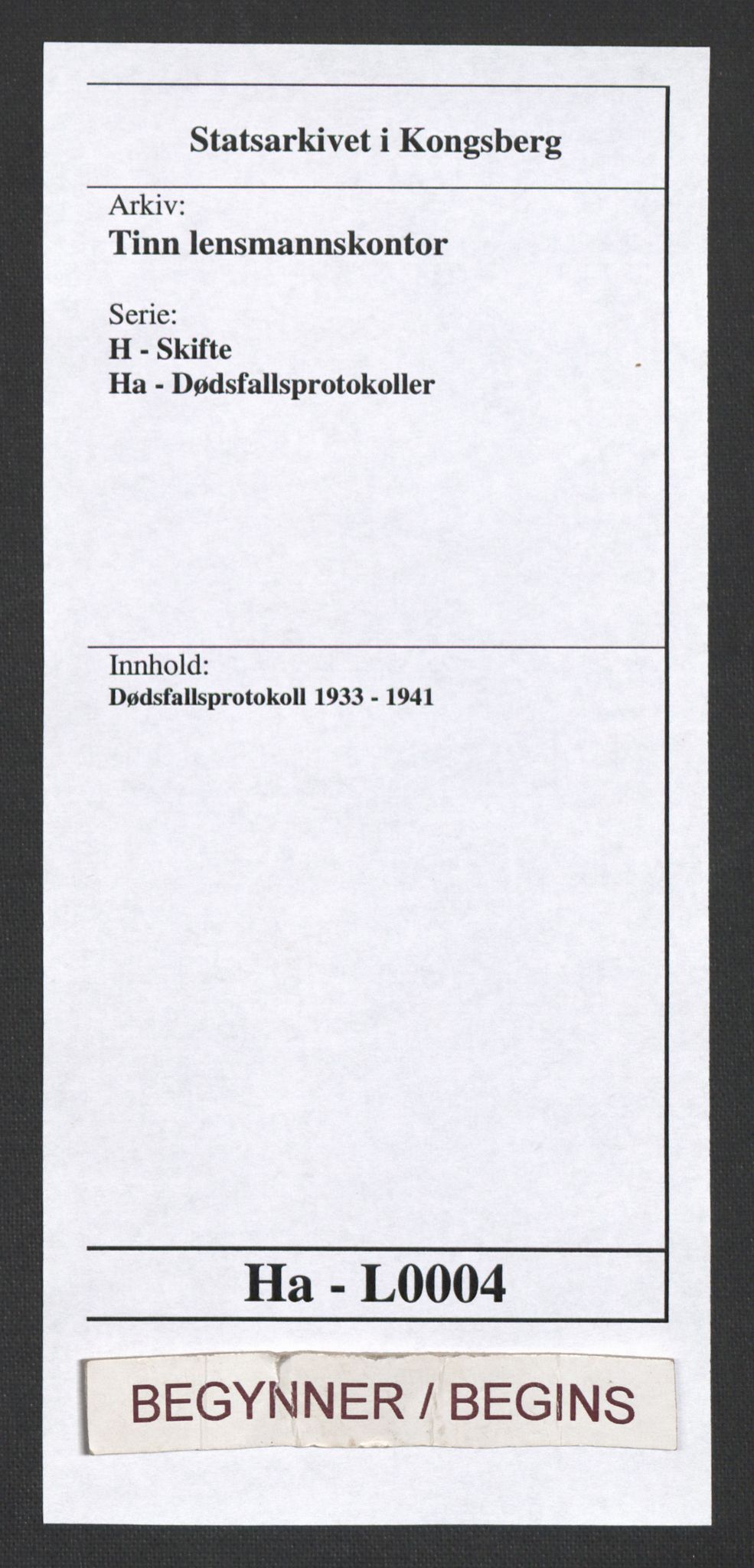 Tinn lensmannskontor, SAKO/A-576/H/Ha/L0004: Dødsfallsprotokoll, 1933-1941