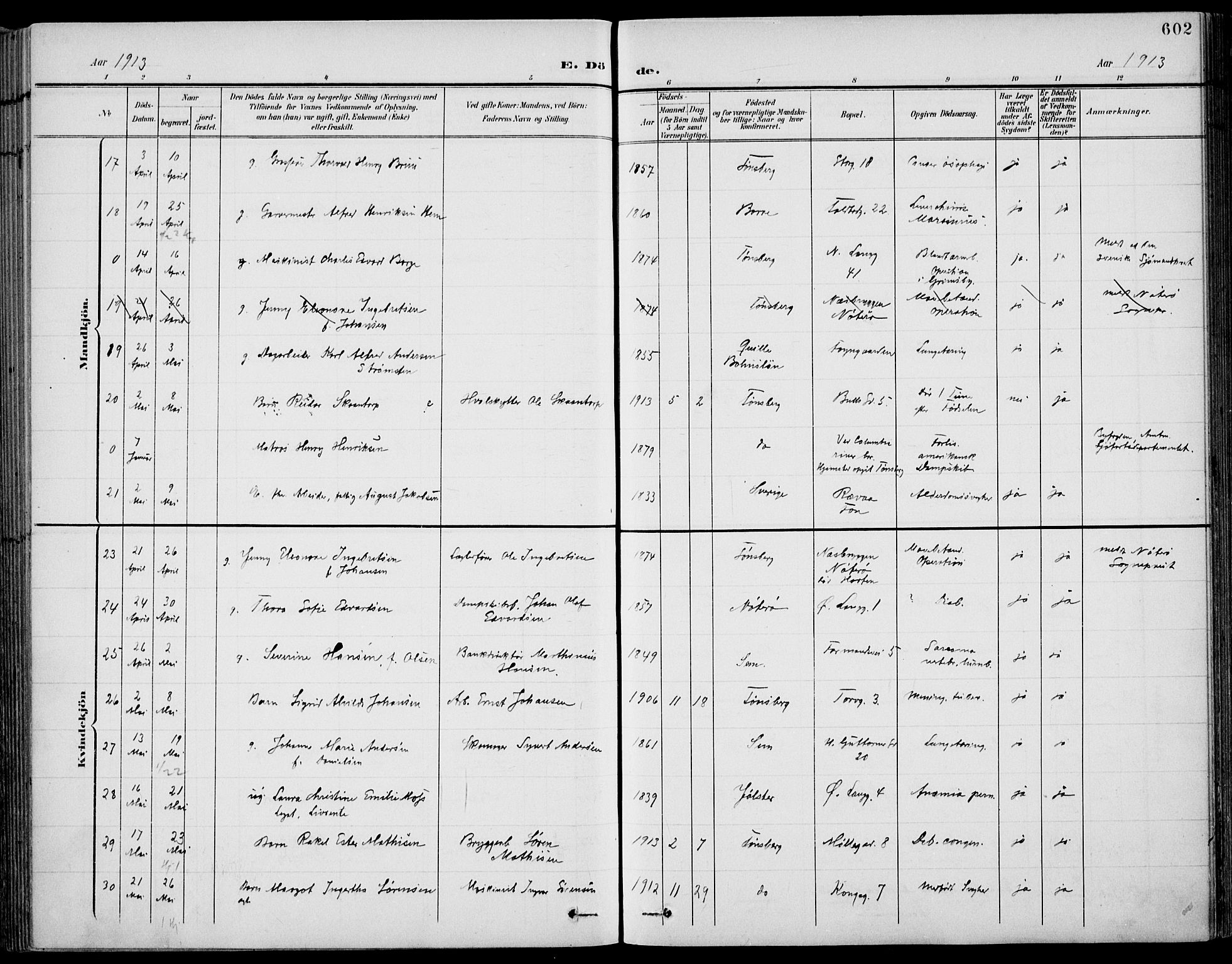 Tønsberg kirkebøker, AV/SAKO-A-330/F/Fa/L0013: Parish register (official) no. I 13, 1900-1913, p. 602