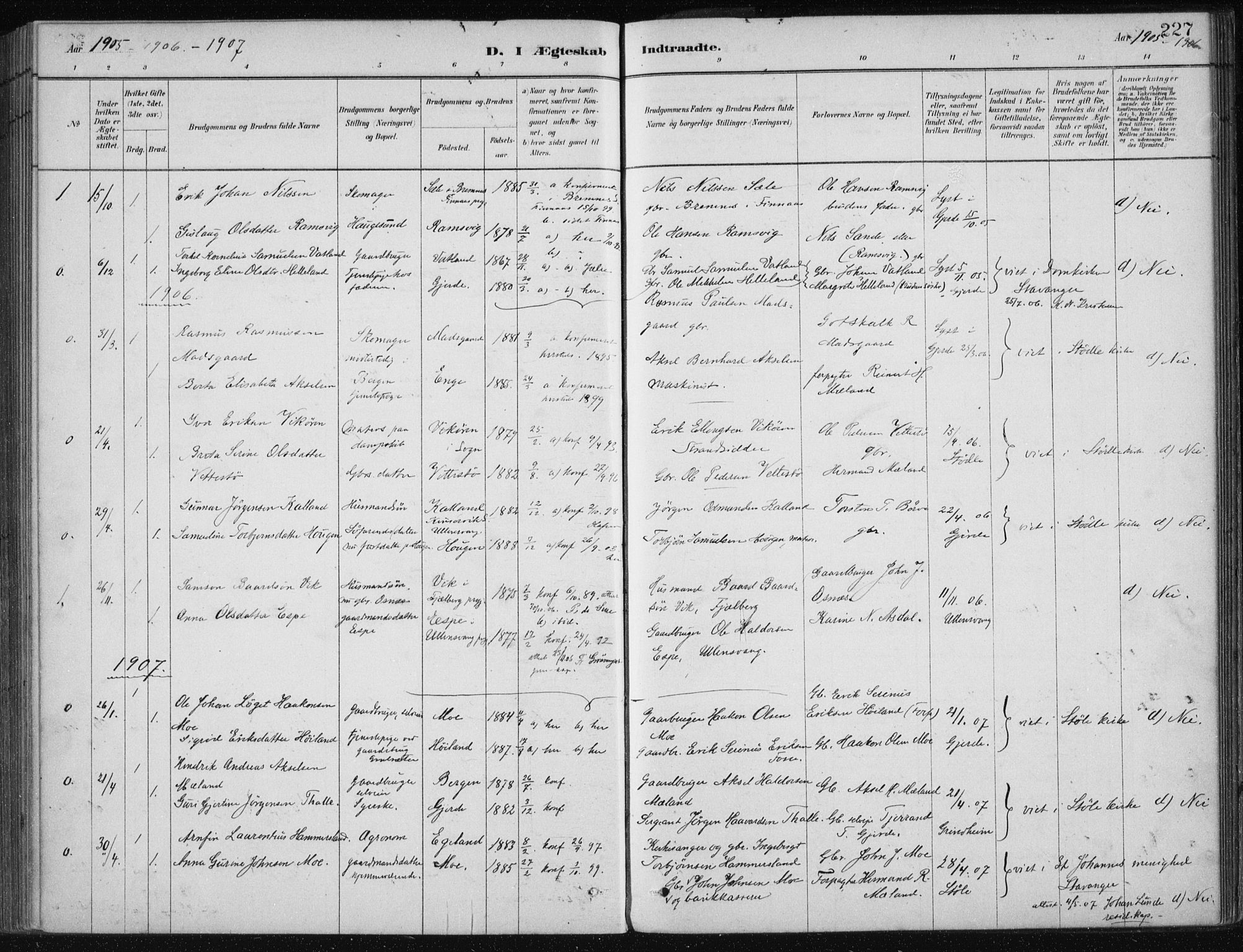 Etne sokneprestembete, SAB/A-75001/H/Haa: Parish register (official) no. C  1, 1879-1919, p. 227