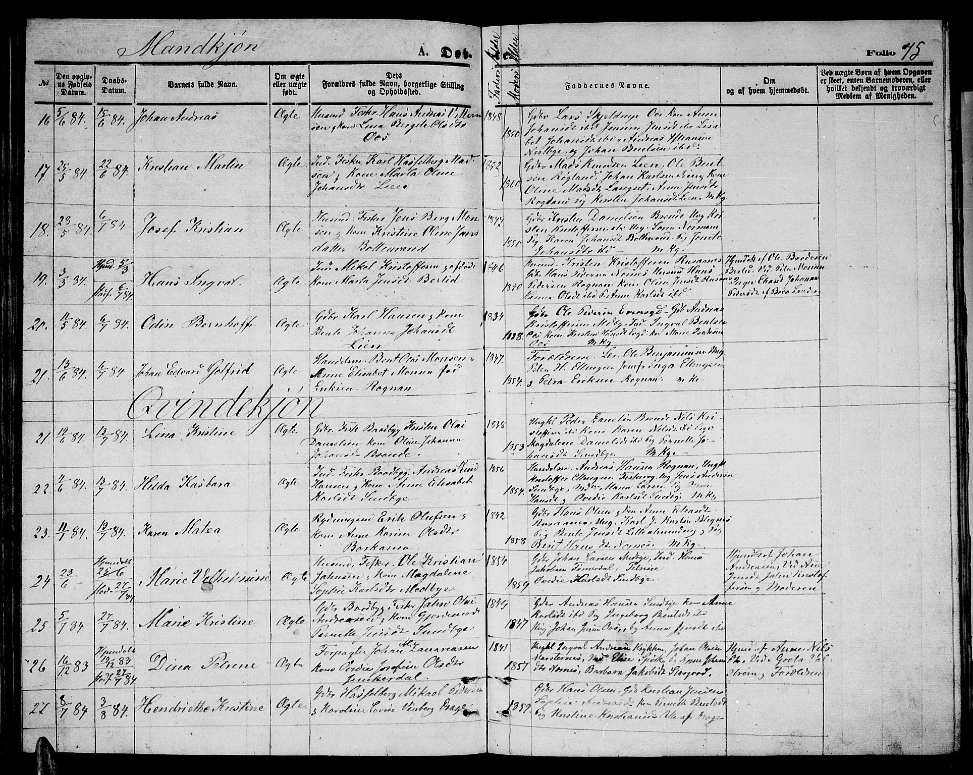 Ministerialprotokoller, klokkerbøker og fødselsregistre - Nordland, AV/SAT-A-1459/847/L0679: Parish register (copy) no. 847C07, 1870-1888, p. 75
