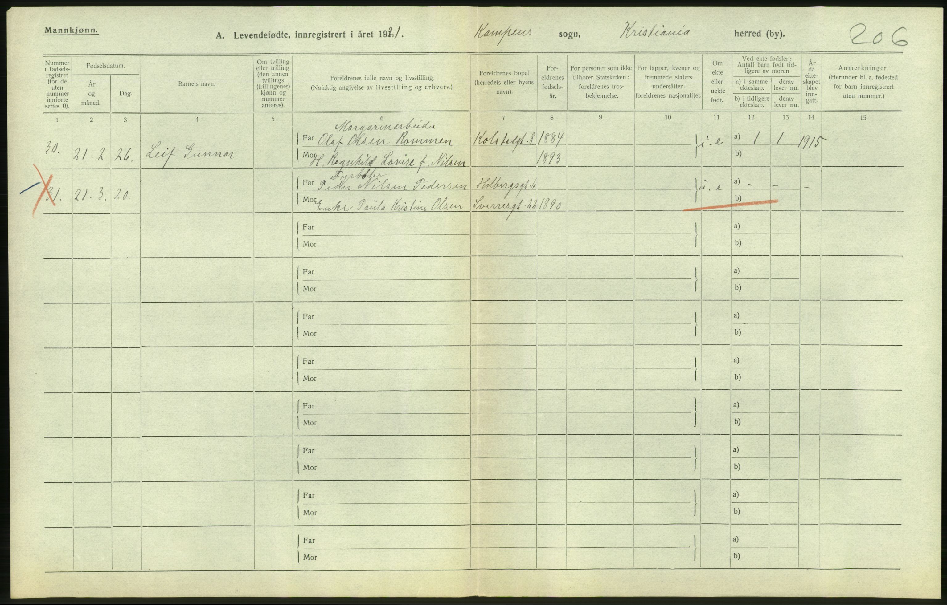 Statistisk sentralbyrå, Sosiodemografiske emner, Befolkning, RA/S-2228/D/Df/Dfc/Dfca/L0009: Kristiania: Levendefødte menn og kvinner., 1921, p. 88