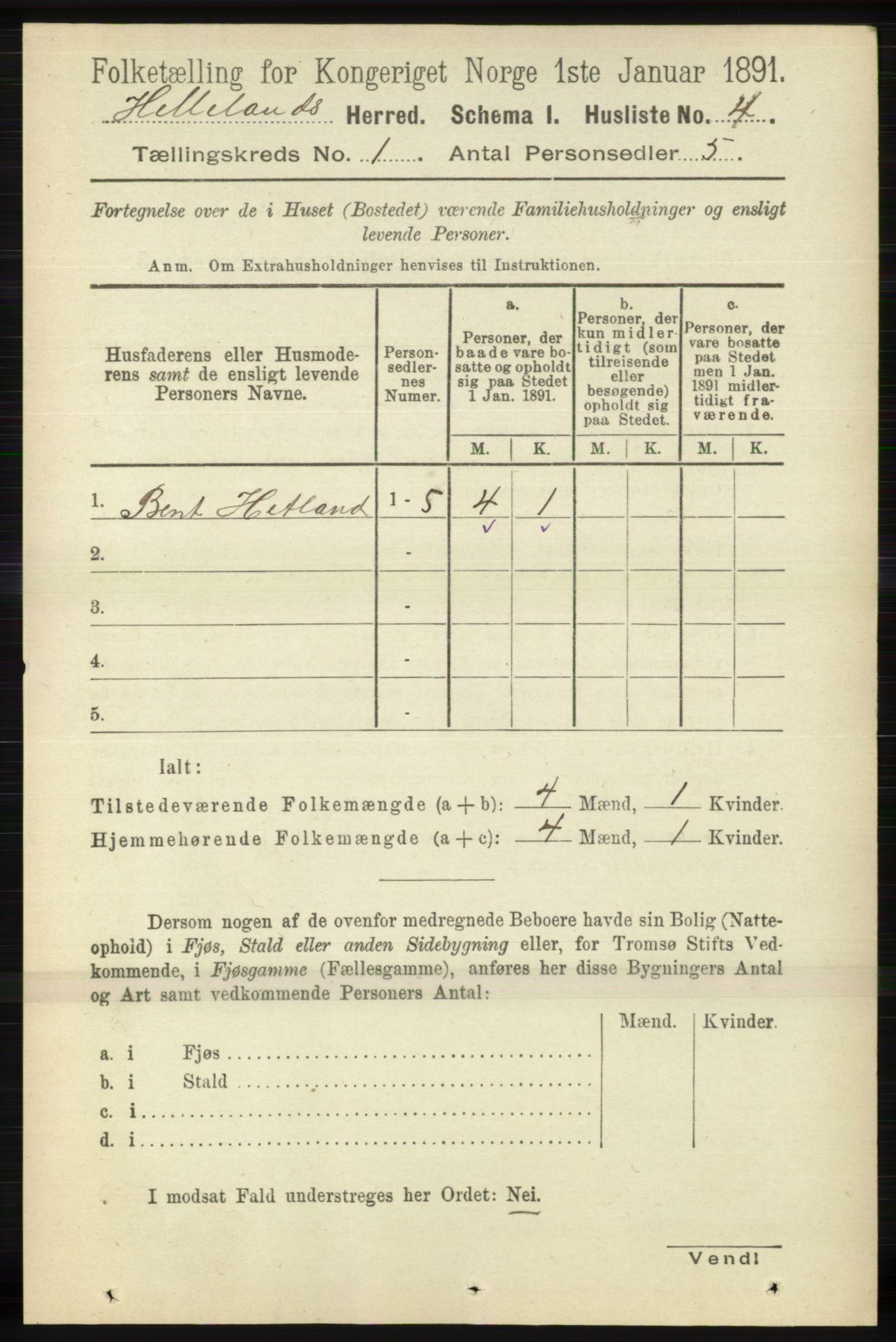 RA, 1891 census for 1115 Helleland, 1891, p. 17