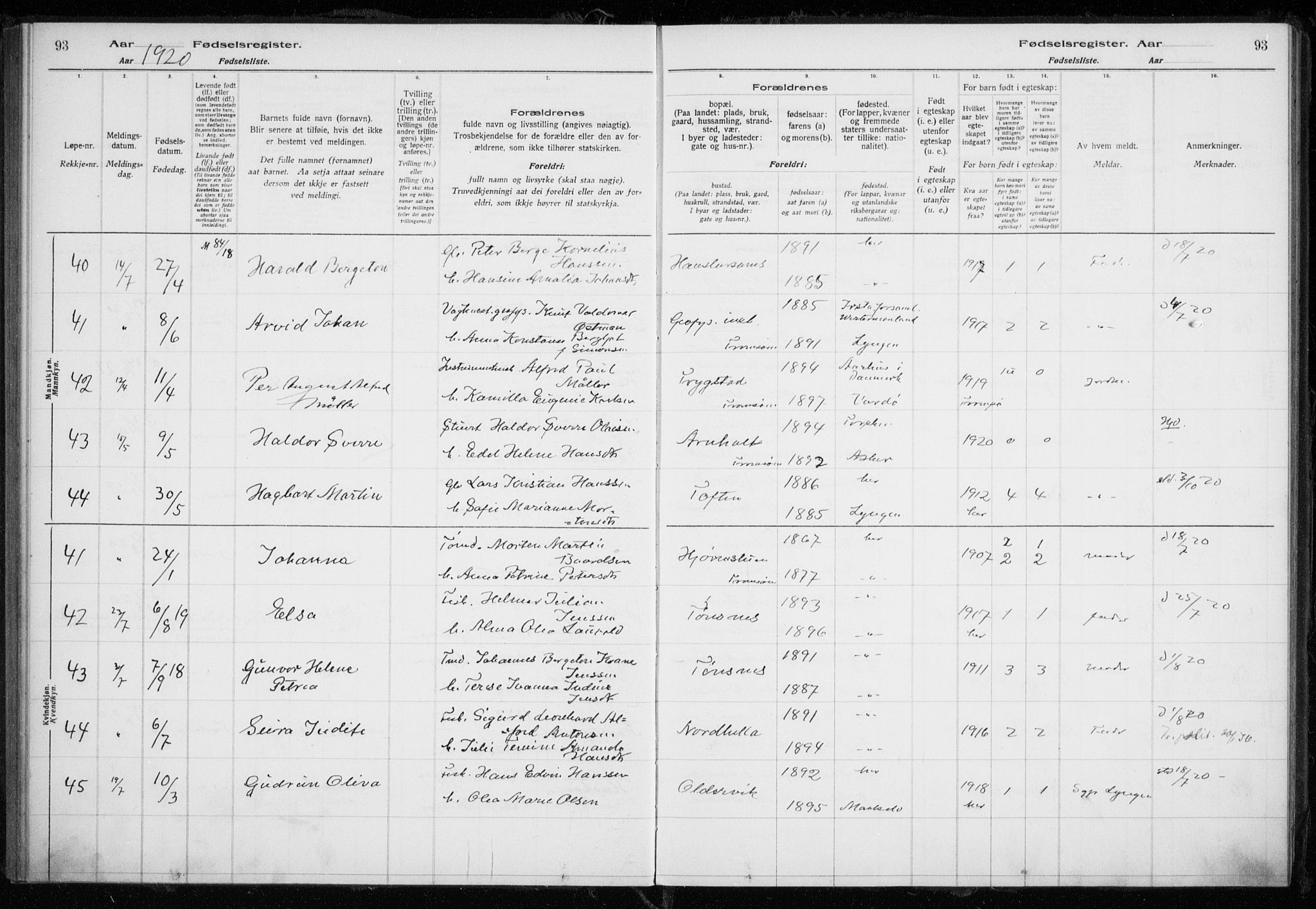 Tromsøysund sokneprestkontor, AV/SATØ-S-1304/H/Ha/L0079: Birth register no. 79, 1916-1924, p. 93