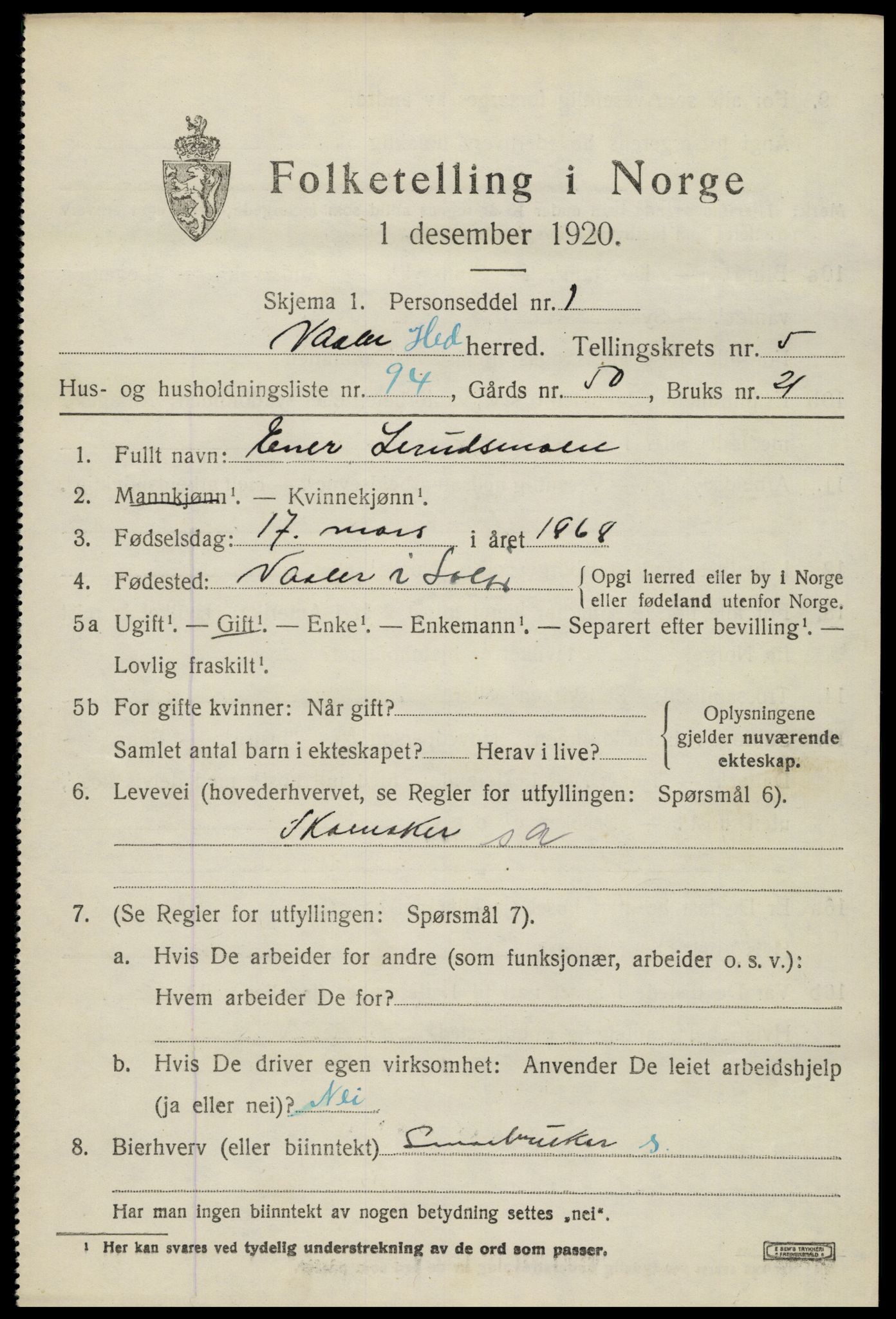 SAH, 1920 census for Våler (Hedmark), 1920, p. 6599