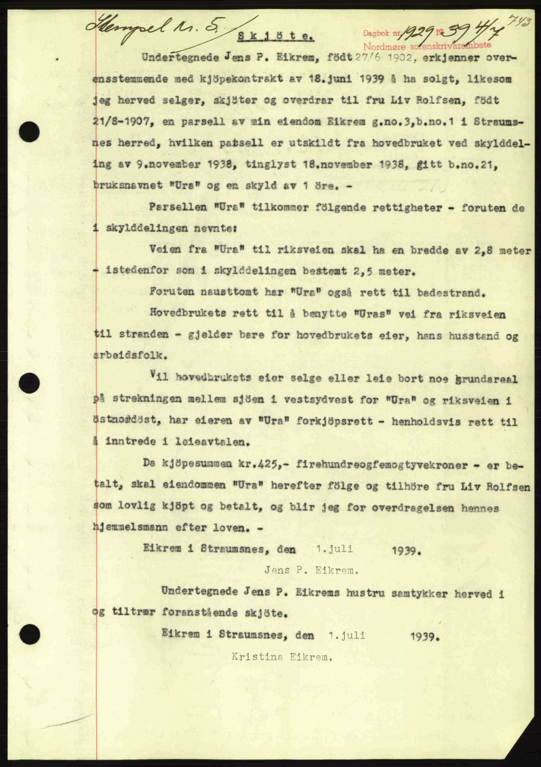 Nordmøre sorenskriveri, AV/SAT-A-4132/1/2/2Ca: Mortgage book no. A86, 1939-1939, Diary no: : 1929/1939