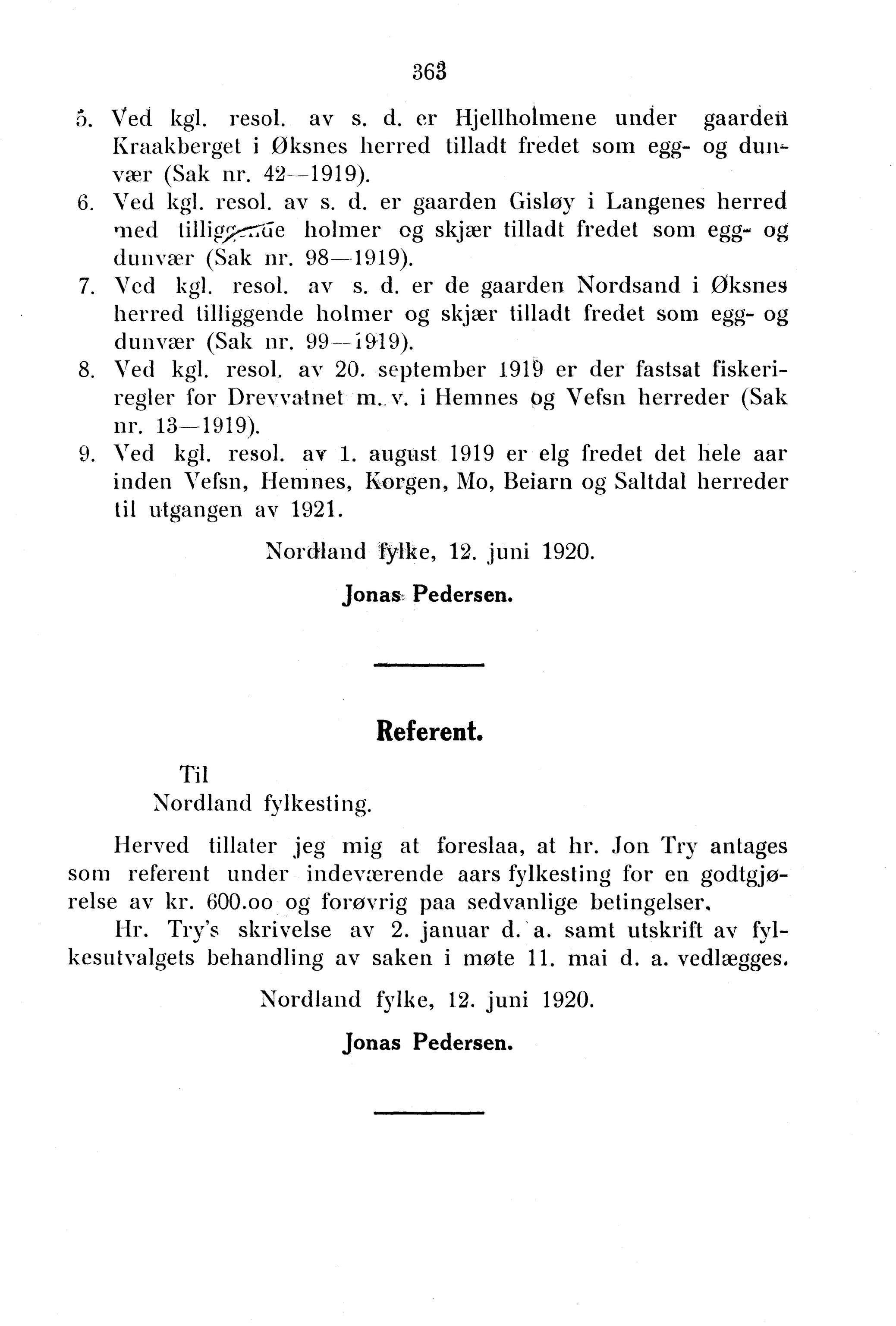 Nordland Fylkeskommune. Fylkestinget, AIN/NFK-17/176/A/Ac/L0043: Fylkestingsforhandlinger 1920, 1920