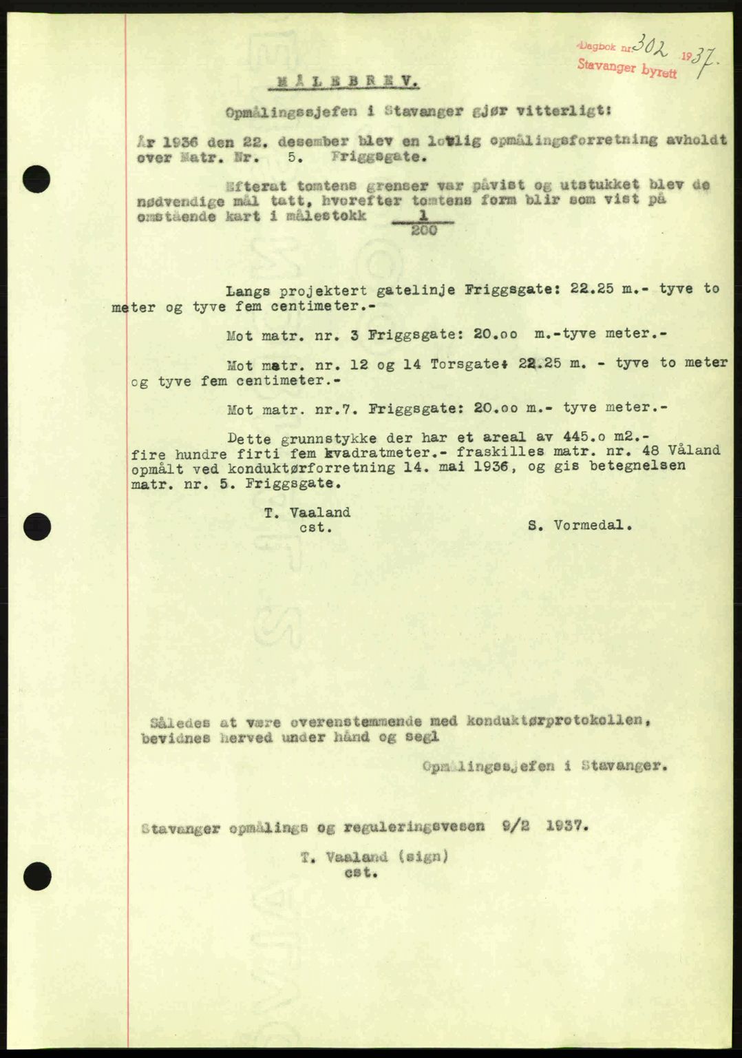 Stavanger byrett, SAST/A-100455/002/G/Gb/L0012: Mortgage book no. A2, 1936-1937, Diary no: : 302/1937